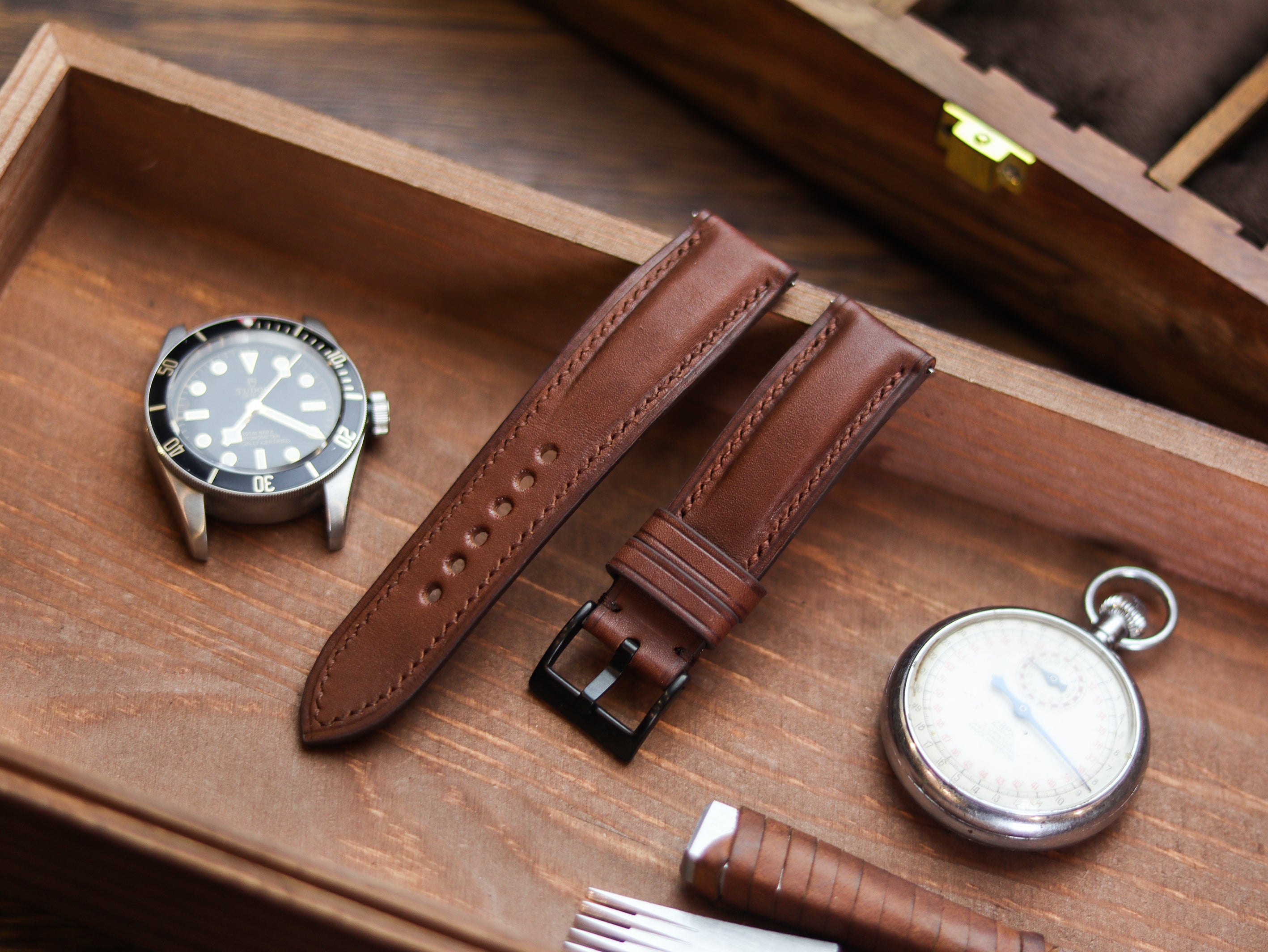 CHESTNUT BROWN CALF LEATHER WATCH STRAPS - PADDED