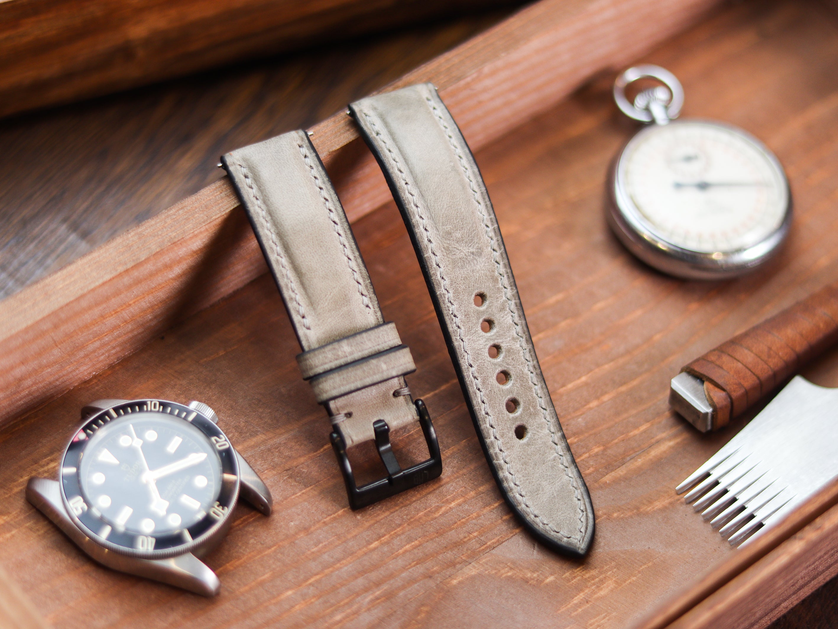 PLATINUM GRAY CALF LEATHER WATCH STRAPS - PADDED