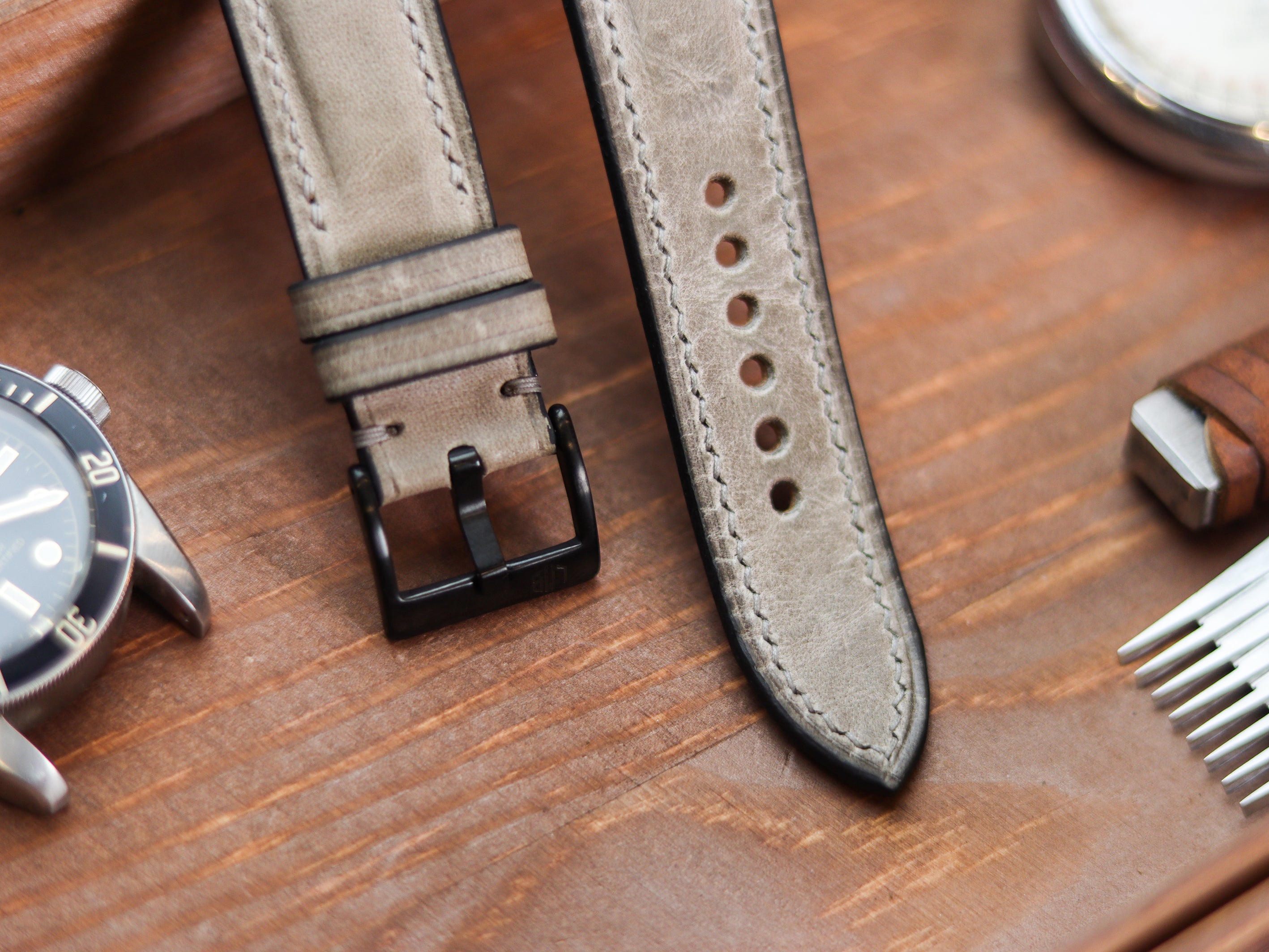 PLATINUM GRAY CALF LEATHER WATCH STRAPS - PADDED