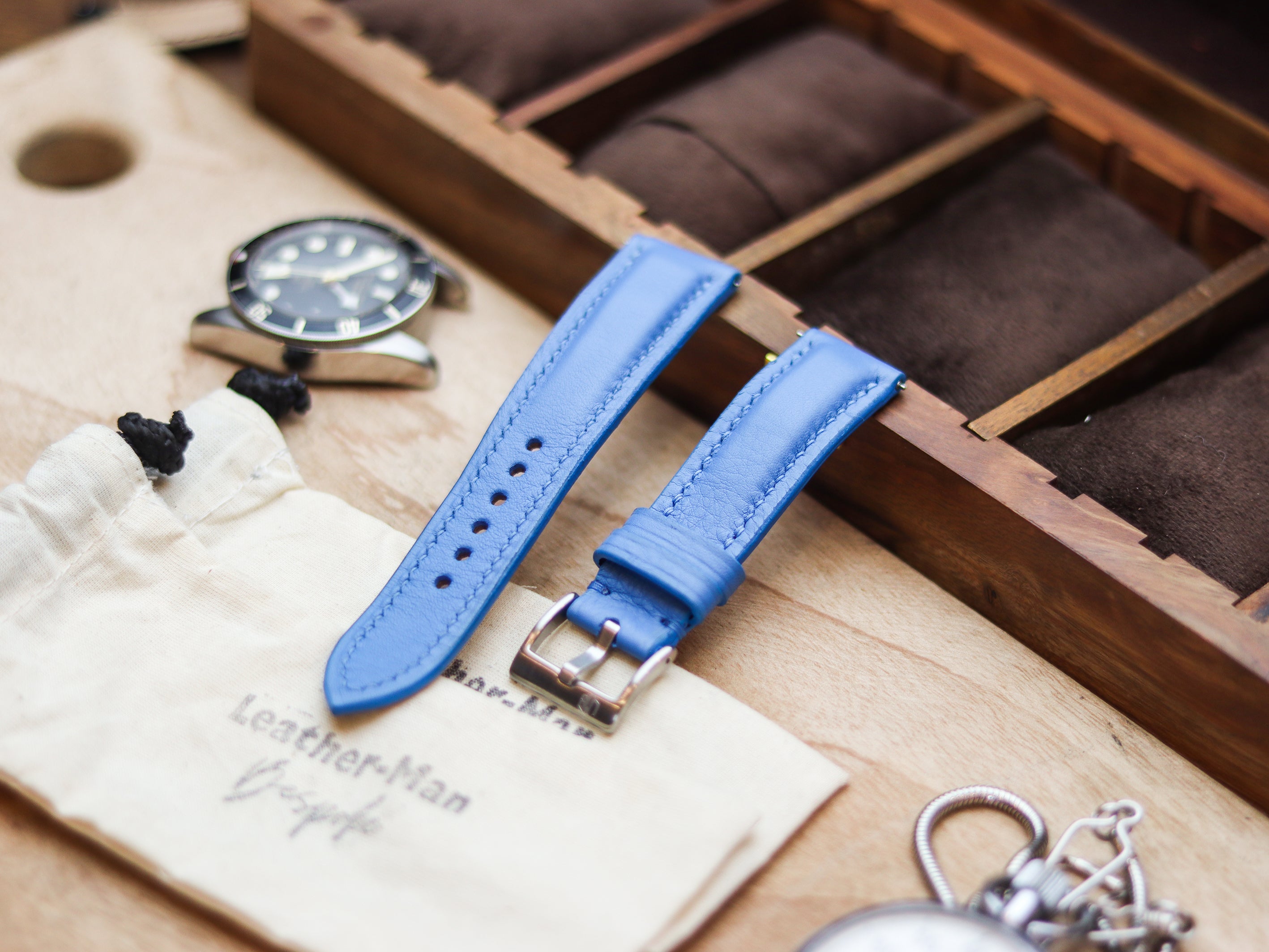 AZURE BLUE CALF LEATHER WATCH STRAPS - PADDED