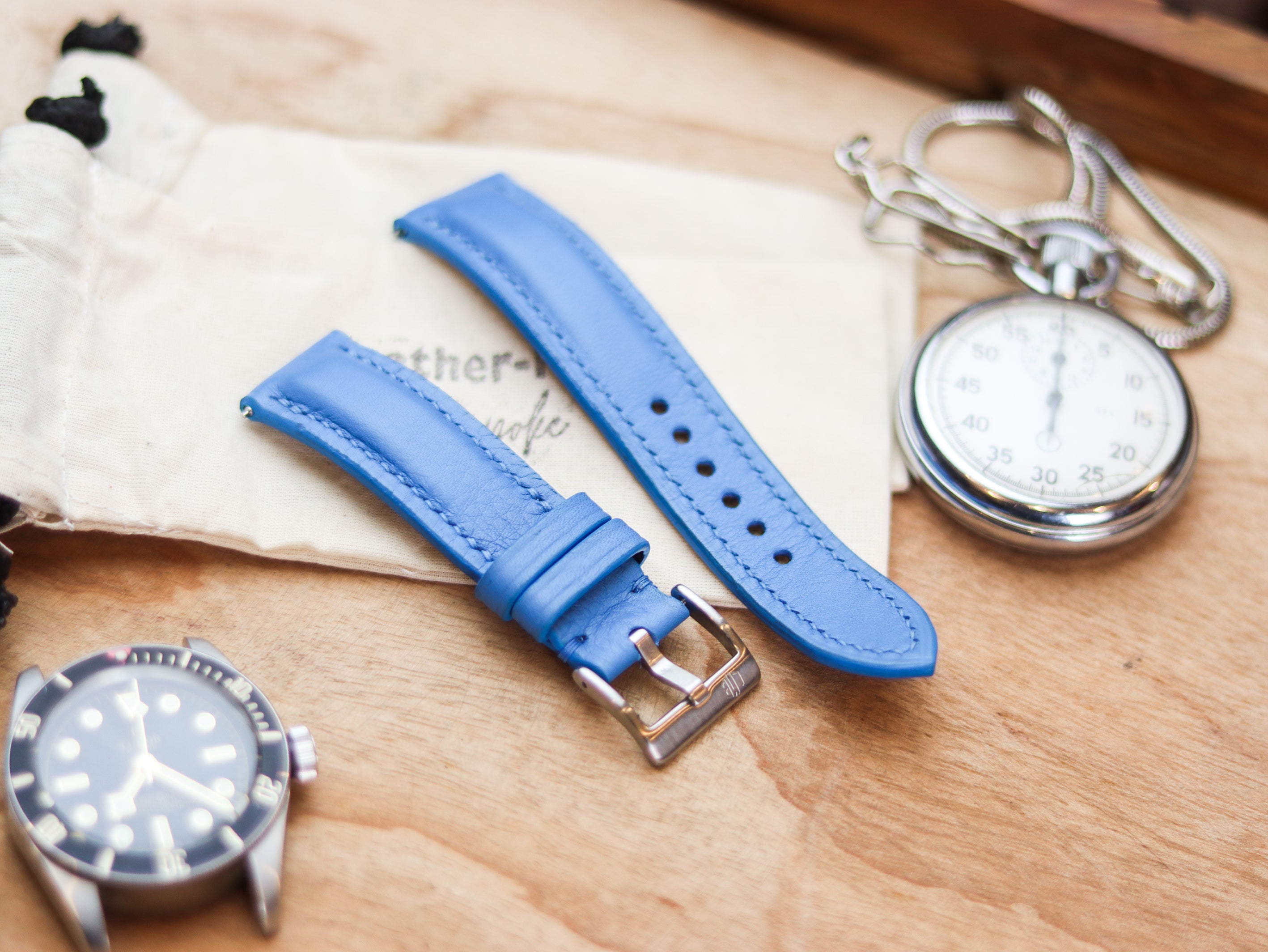 AZURE BLUE CALF LEATHER WATCH STRAPS - PADDED