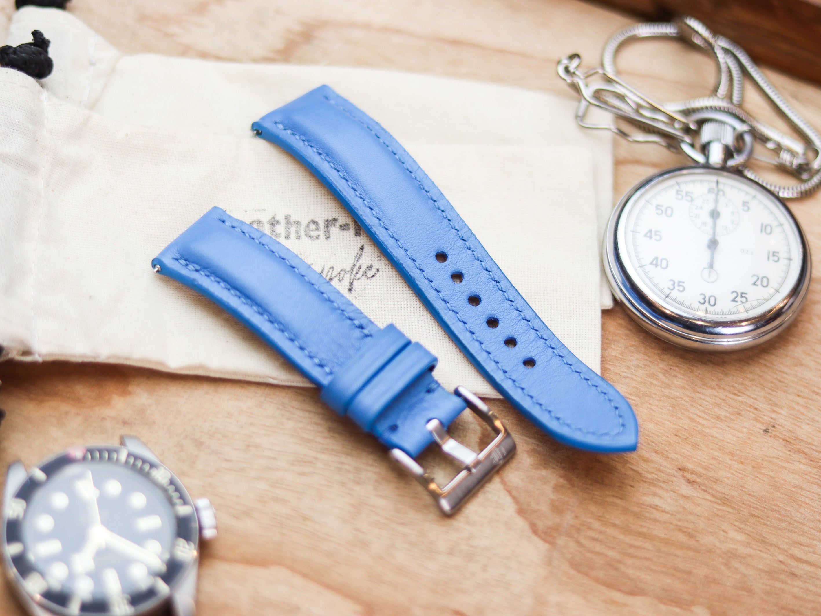 AZURE BLUE CALF LEATHER WATCH STRAPS - PADDED