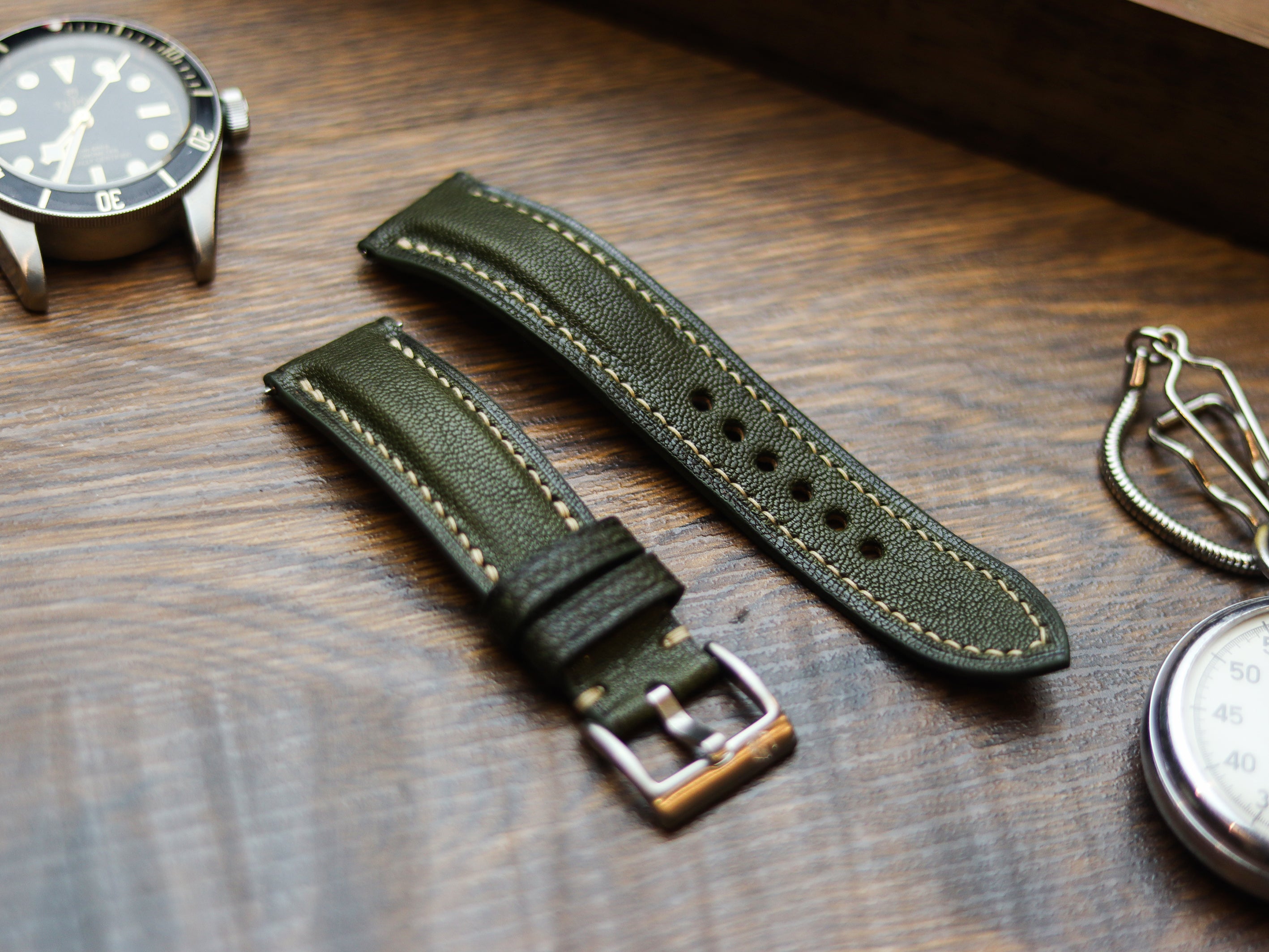 JUNIPER GREEN CALF LEATHER WATCH STRAPS - PADDED