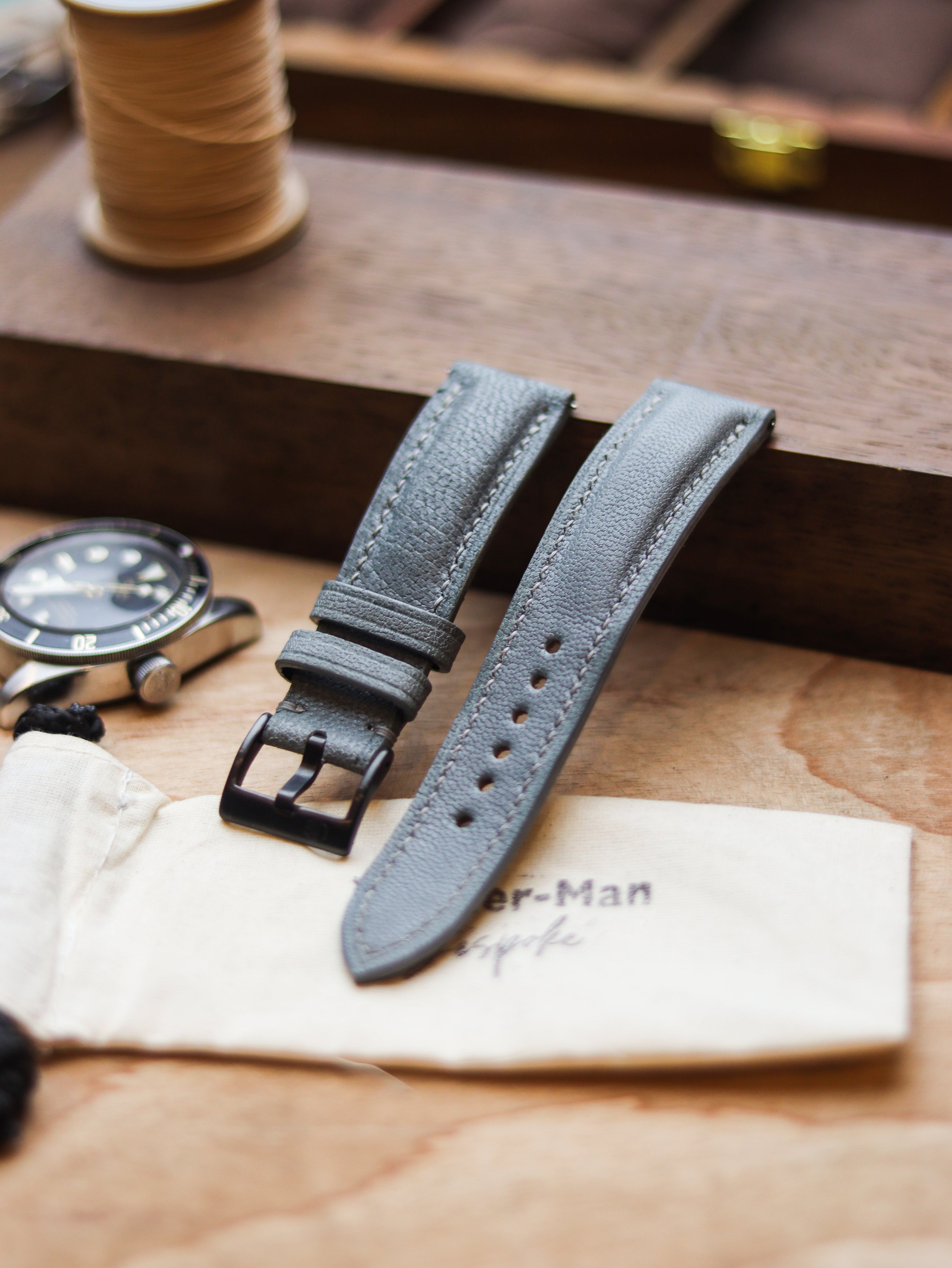 CHROME GRAY CALF LEATHER WATCH STRAPS - PADDED