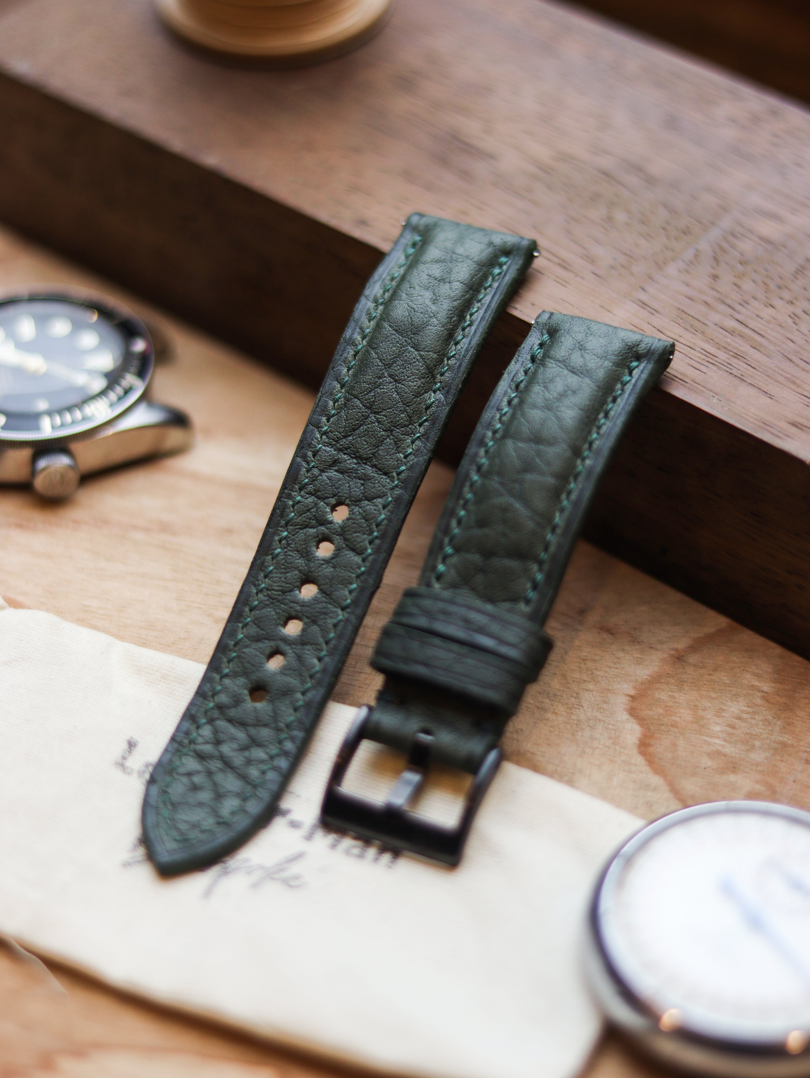 PINE GREEN CALF LEATHER WATCH STRAPS - PADDED