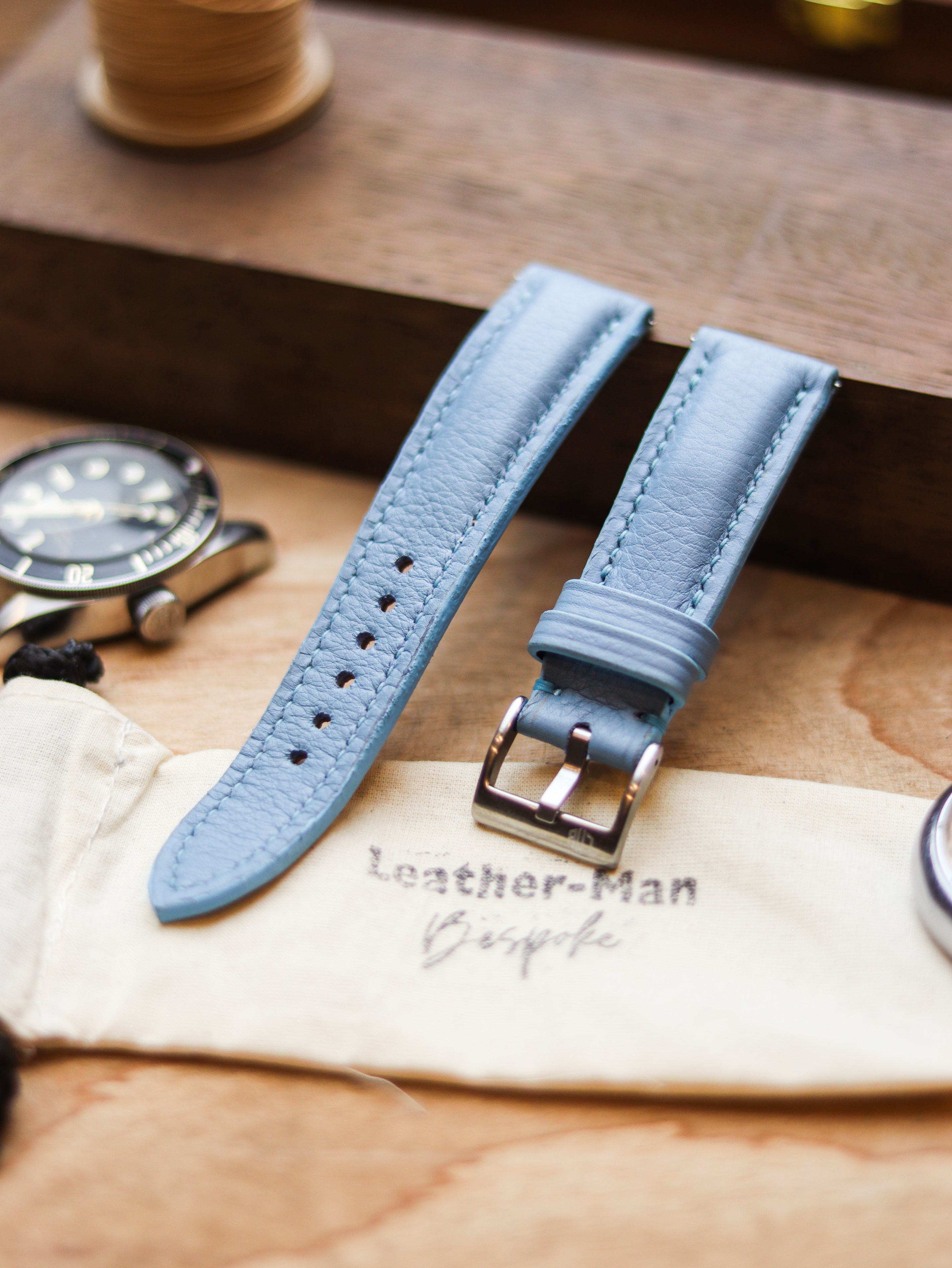 ICE BLUE CALF LEATHER WATCH STRAPS - PADDED
