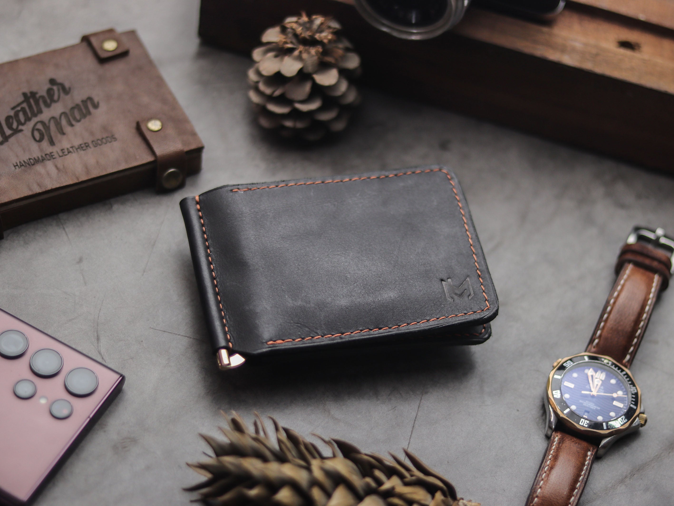 HASPER - CLIPPER WALLET PHANTOM BLACK & ORANGE LEATHER