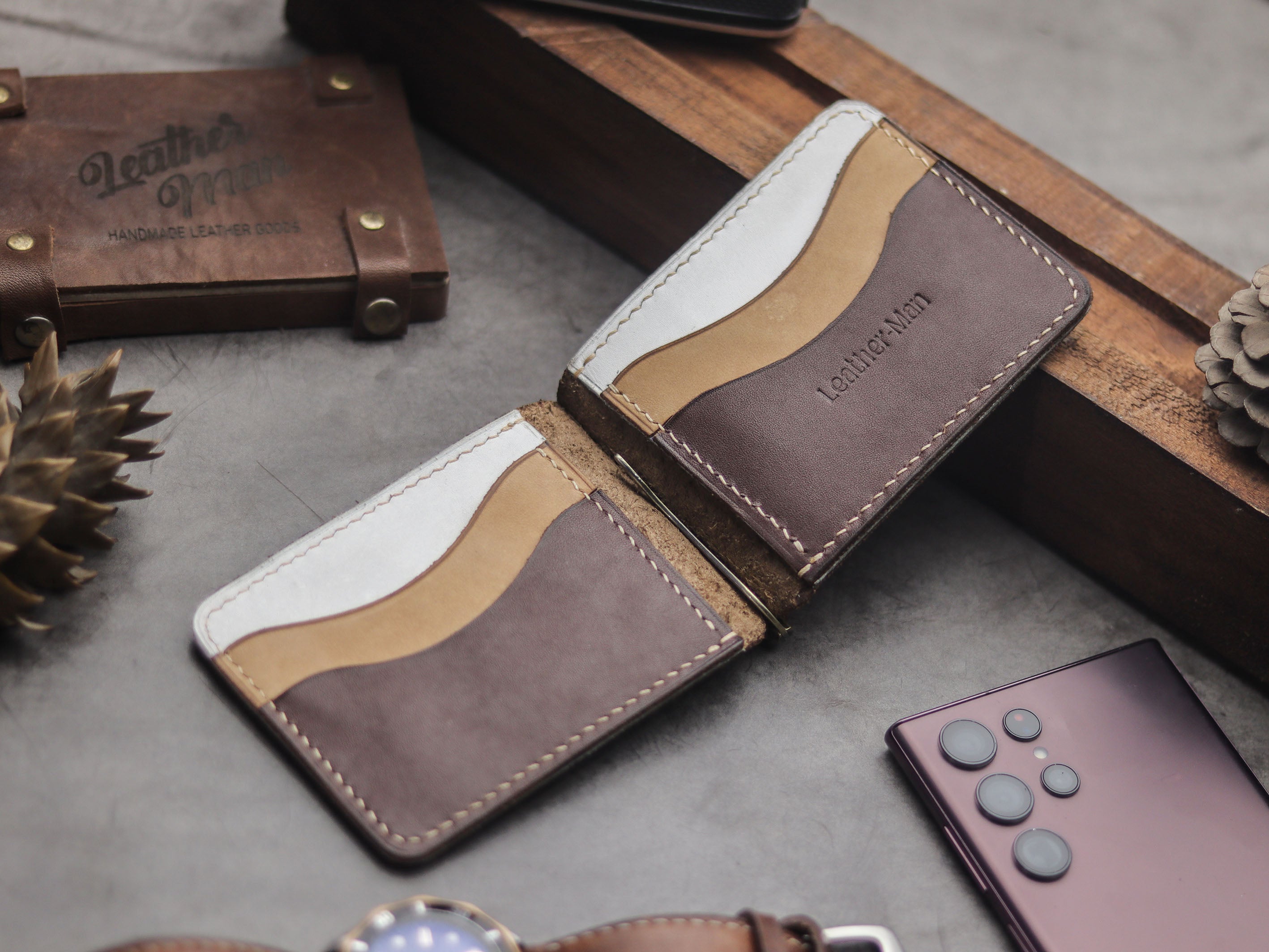 HASPER - CLIPPER WALLET CHESTNUT, NATURAL AND WHITE LEATHER