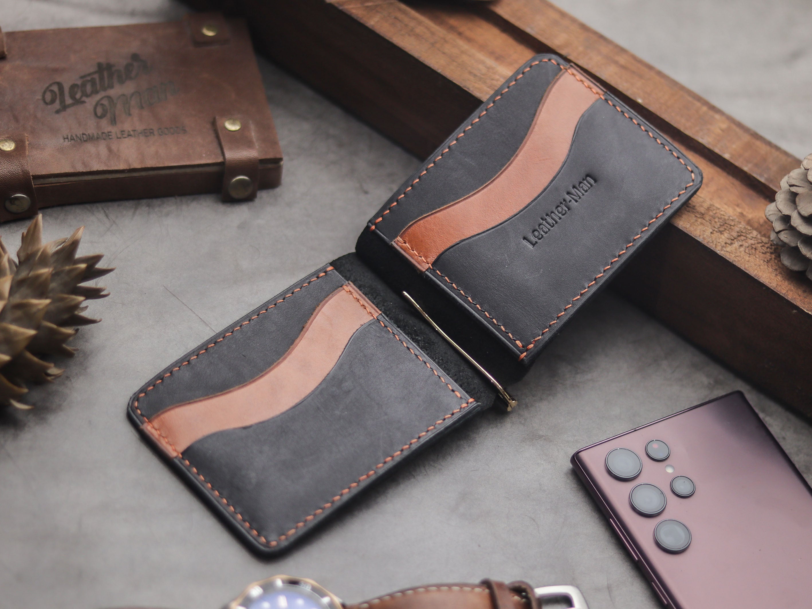 HASPER - CLIPPER WALLET PHANTOM BLACK & ORANGE LEATHER