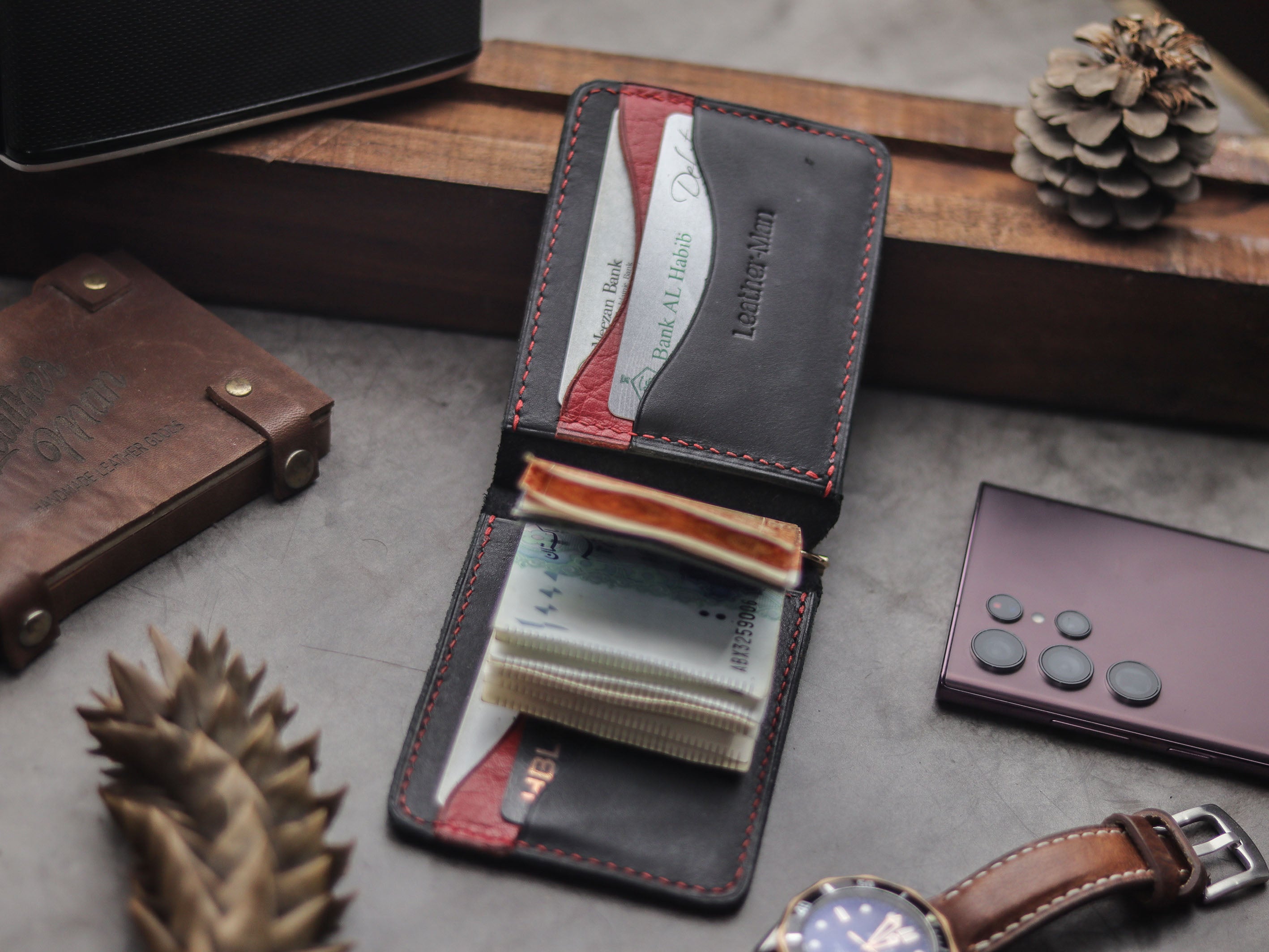 HASPER - CLIPPER WALLET PHANTOM BLACK & RED LEATHER