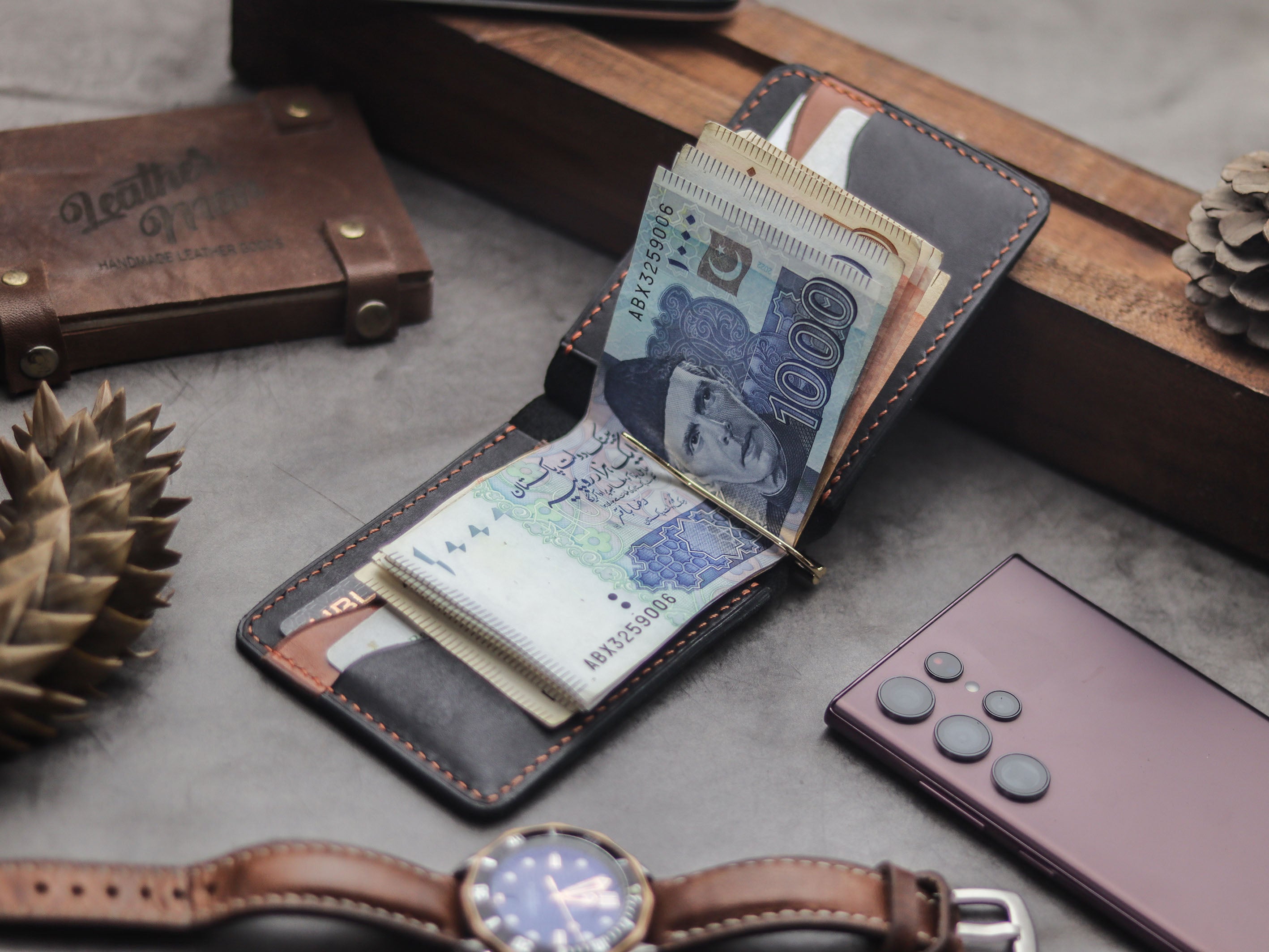 HASPER - CLIPPER WALLET PHANTOM BLACK & ORANGE LEATHER