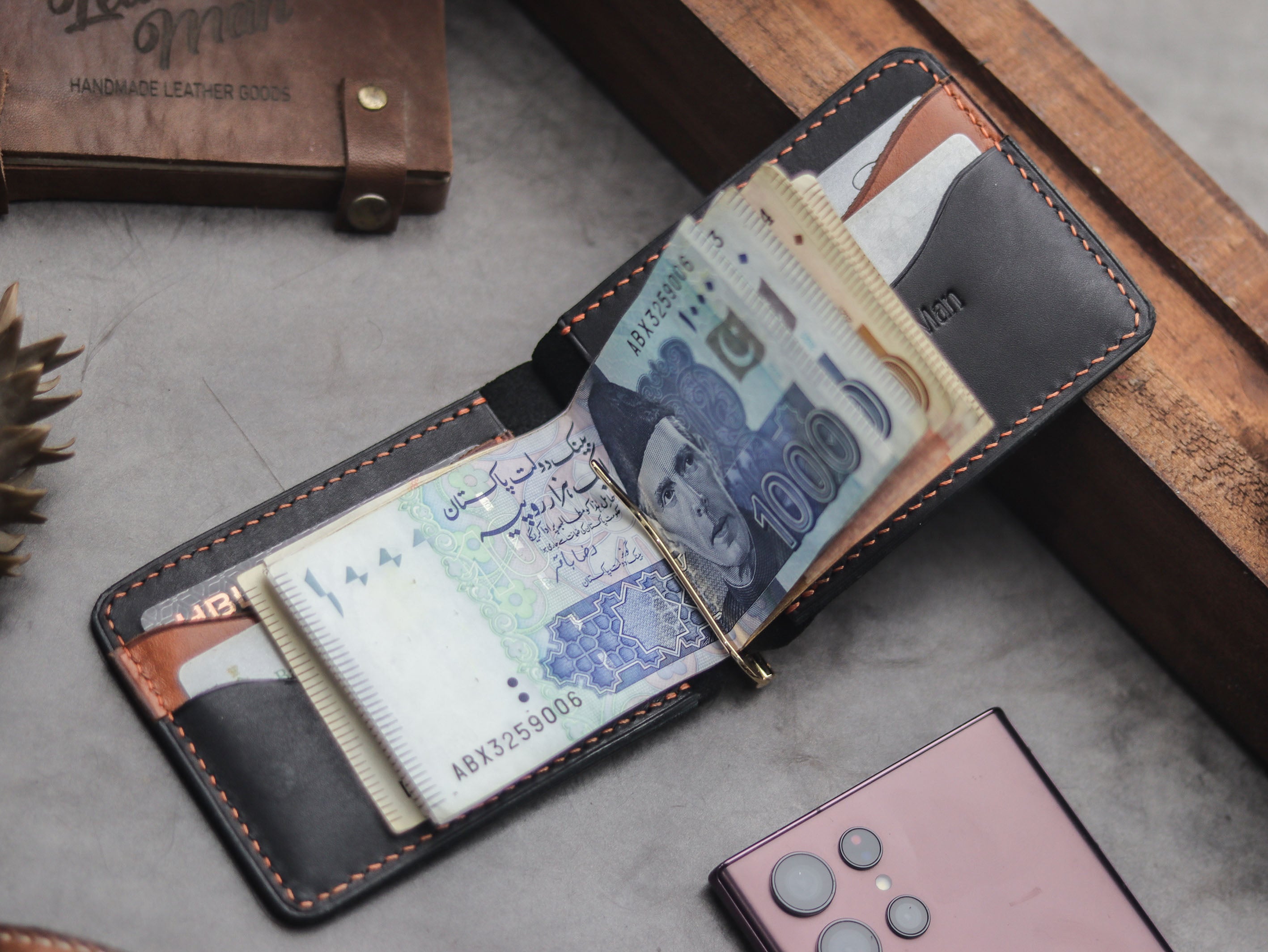 HASPER - CLIPPER WALLET PHANTOM BLACK & ORANGE LEATHER