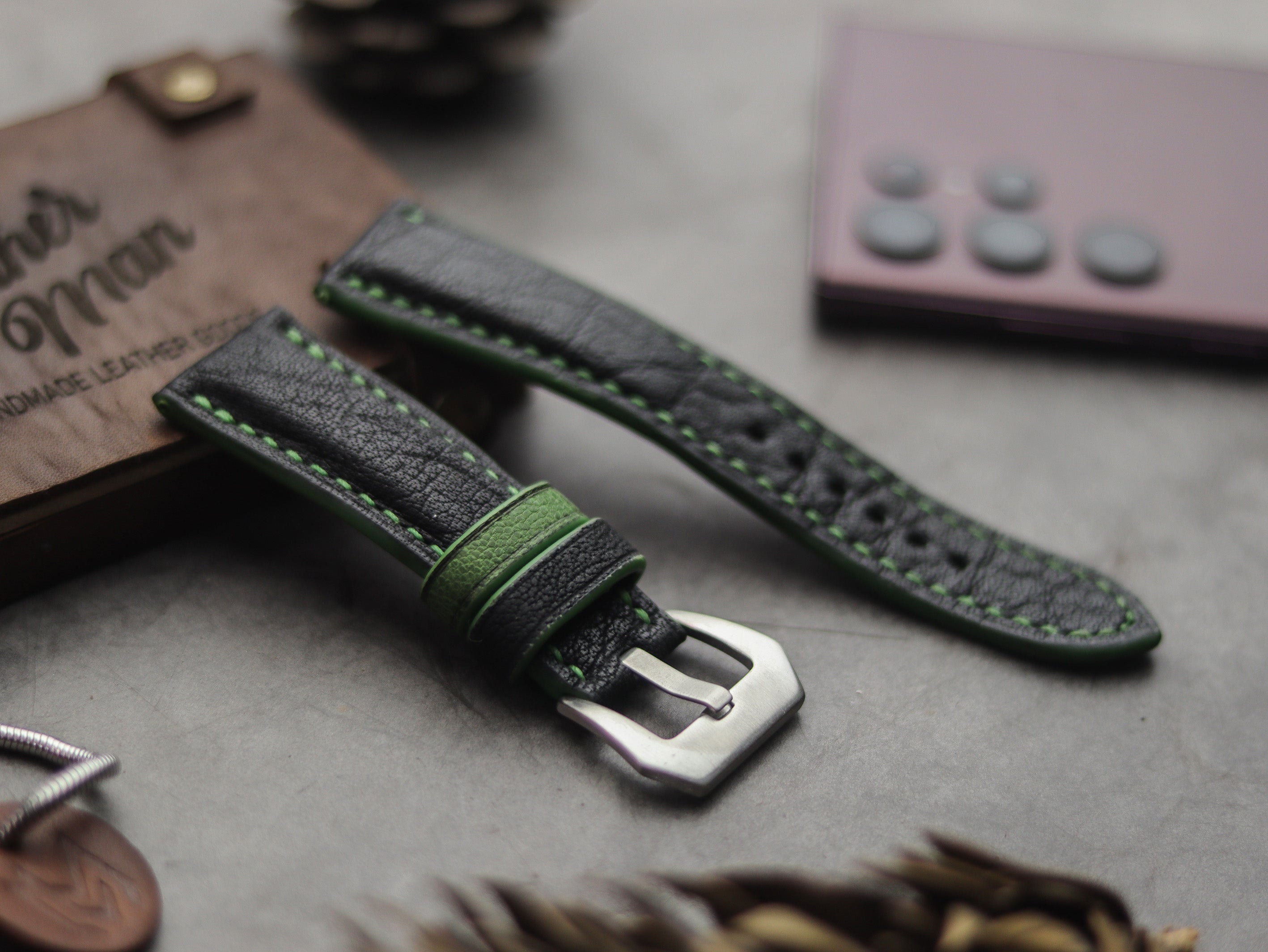 ITALIAN CHEVRE BLACK LEATHER ( GREEN ACCENT) - PADDED