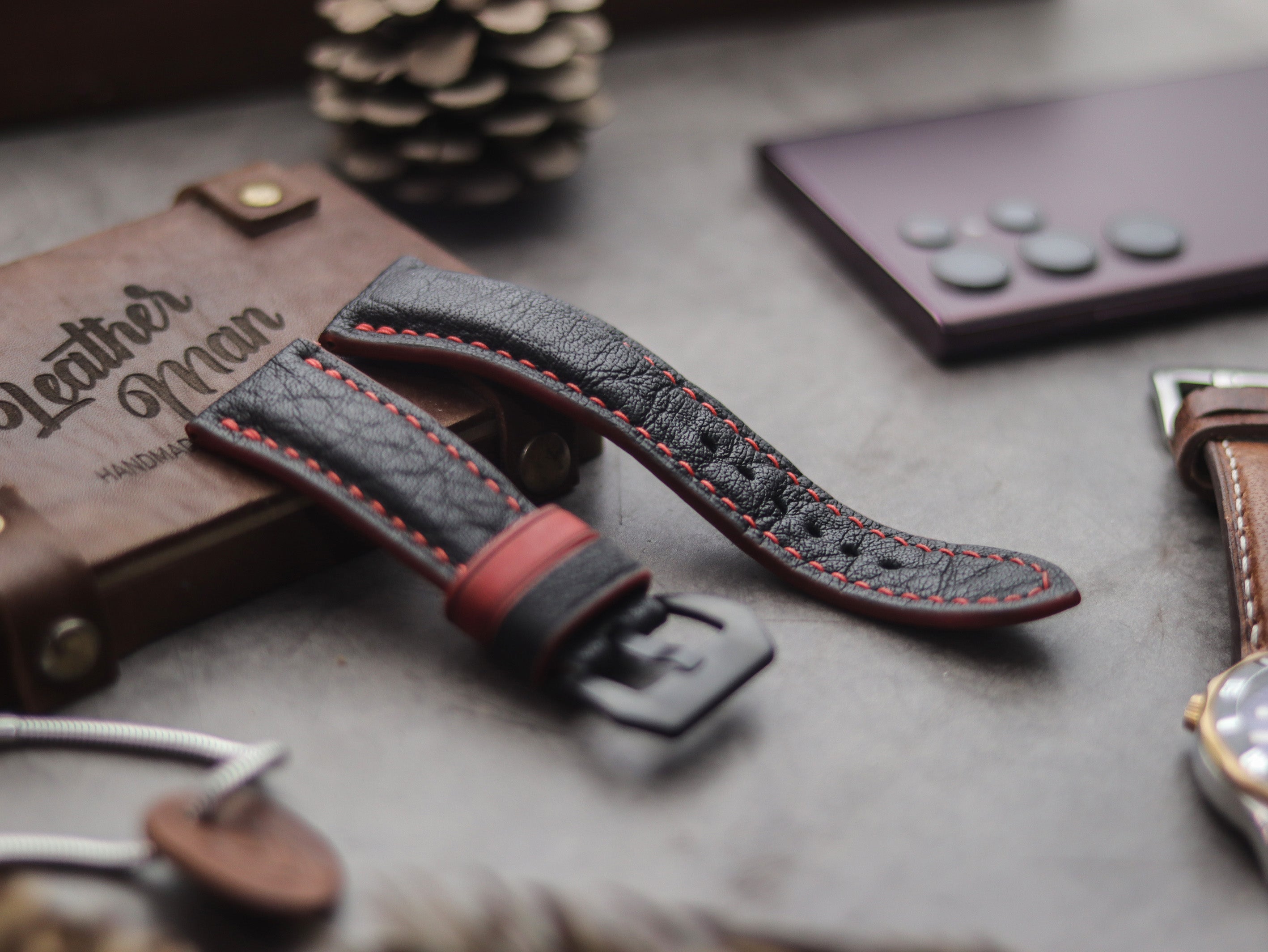 ITALIAN CHEVRE BLACK LEATHER ( RED ACCENT) - PADDED