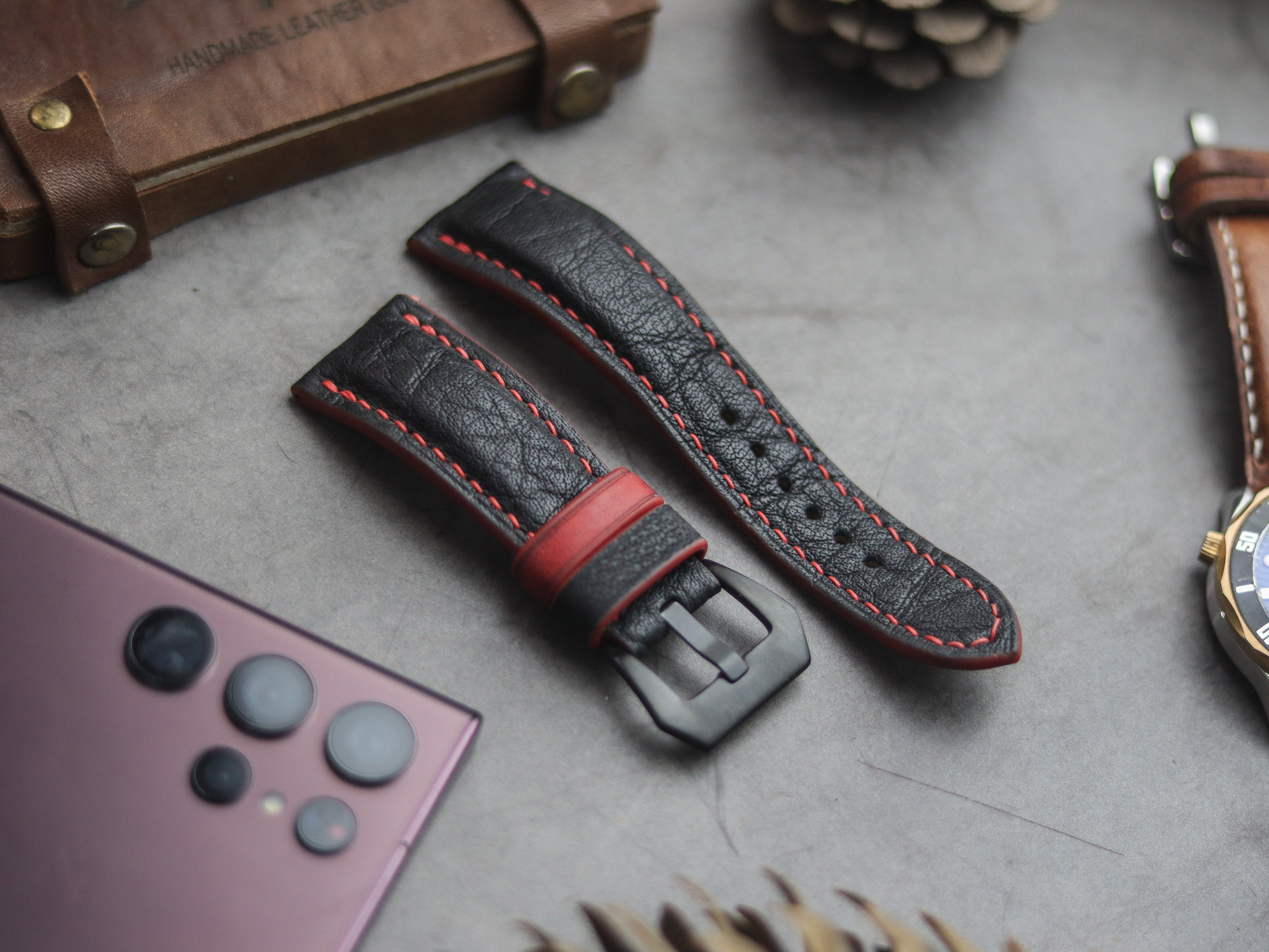 ITALIAN CHEVRE BLACK LEATHER ( RED ACCENT) - PADDED