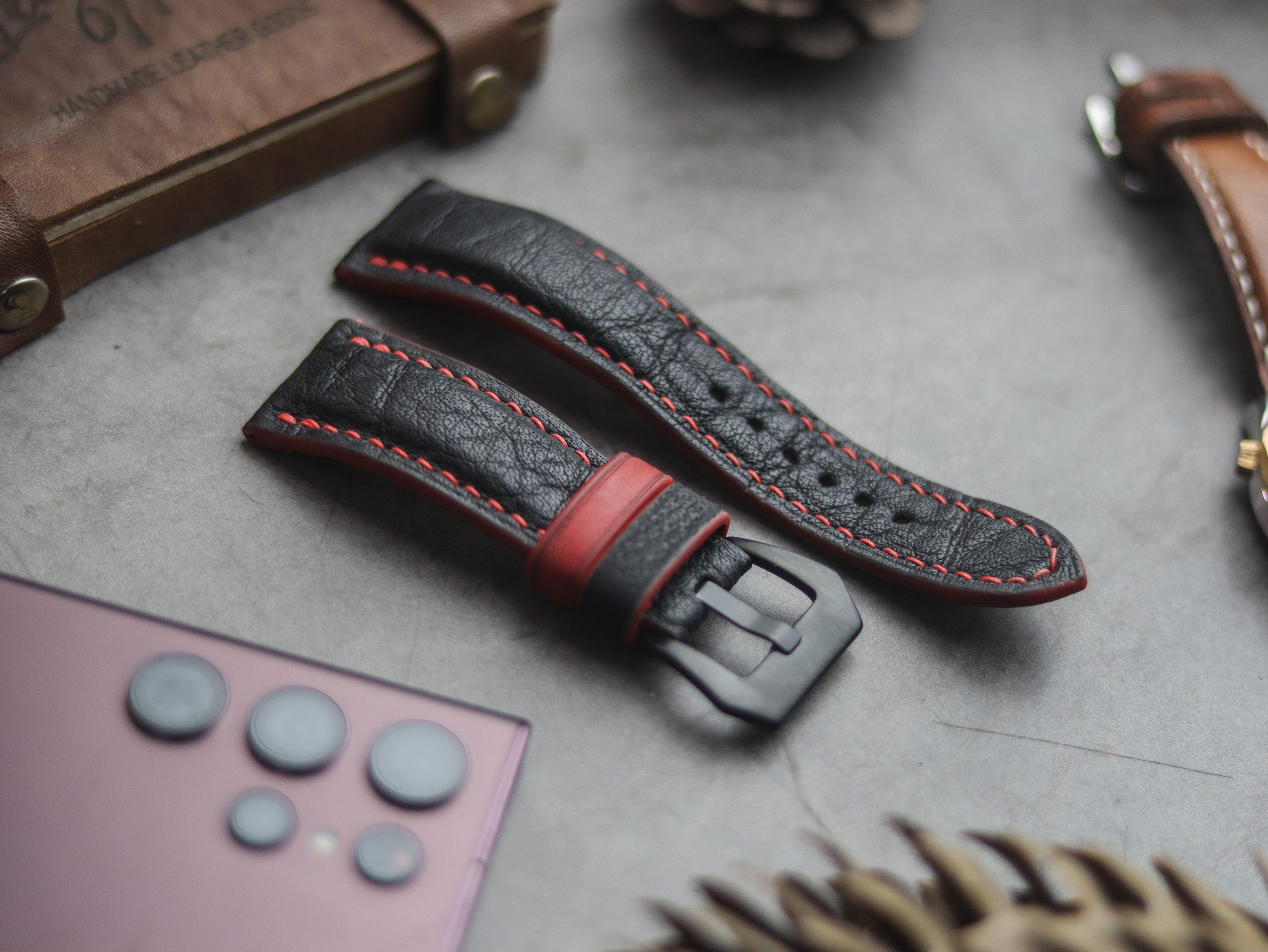 ITALIAN CHEVRE BLACK LEATHER ( RED ACCENT) - PADDED