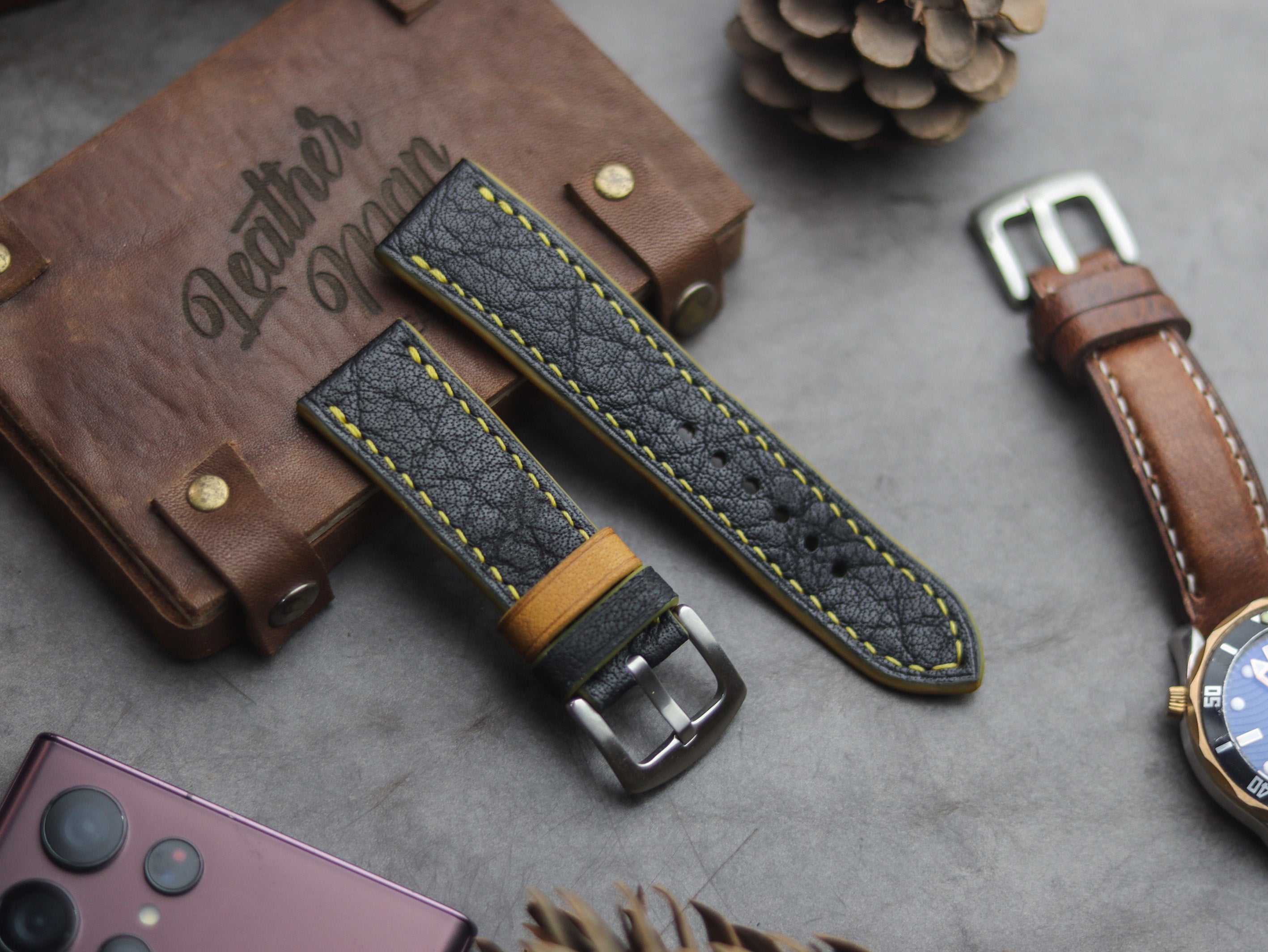 ITALIAN CHEVRE BLACK LEATHER (YELLOW ACCENT)