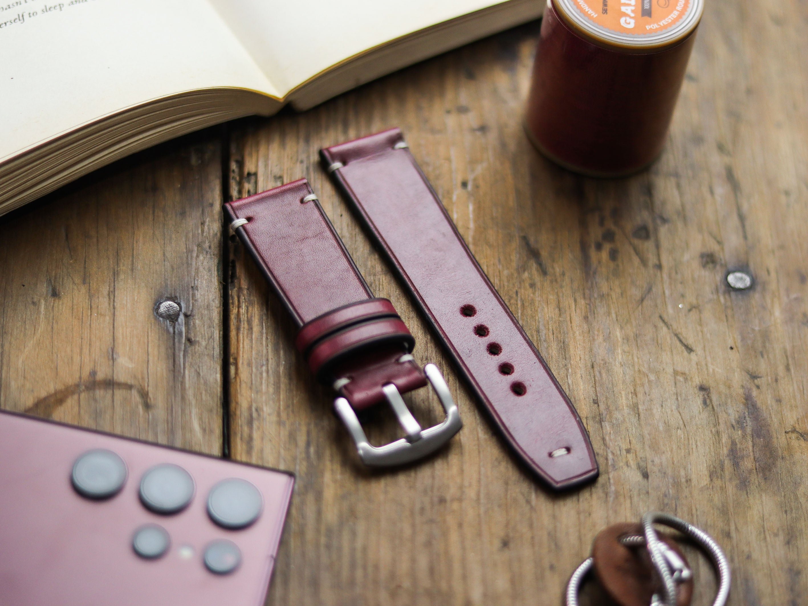 CARMINE BURGUNDY HAND-CRAFTED WATCH STRAPS - MINIMAL STITCHED