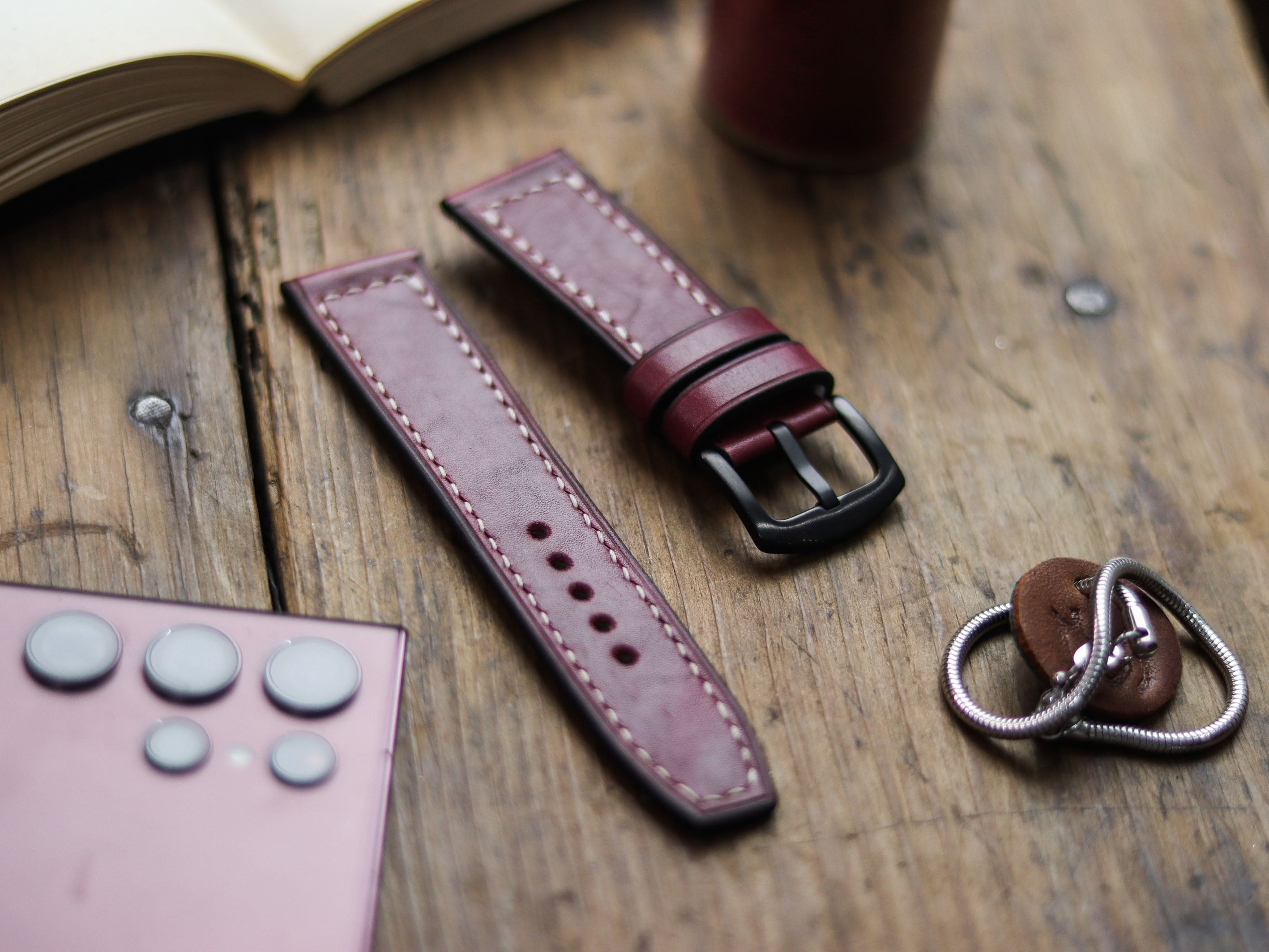 CARMINE BURGUNDY HAND-CRAFTED WATCH STRAPS - BOX STITCHED