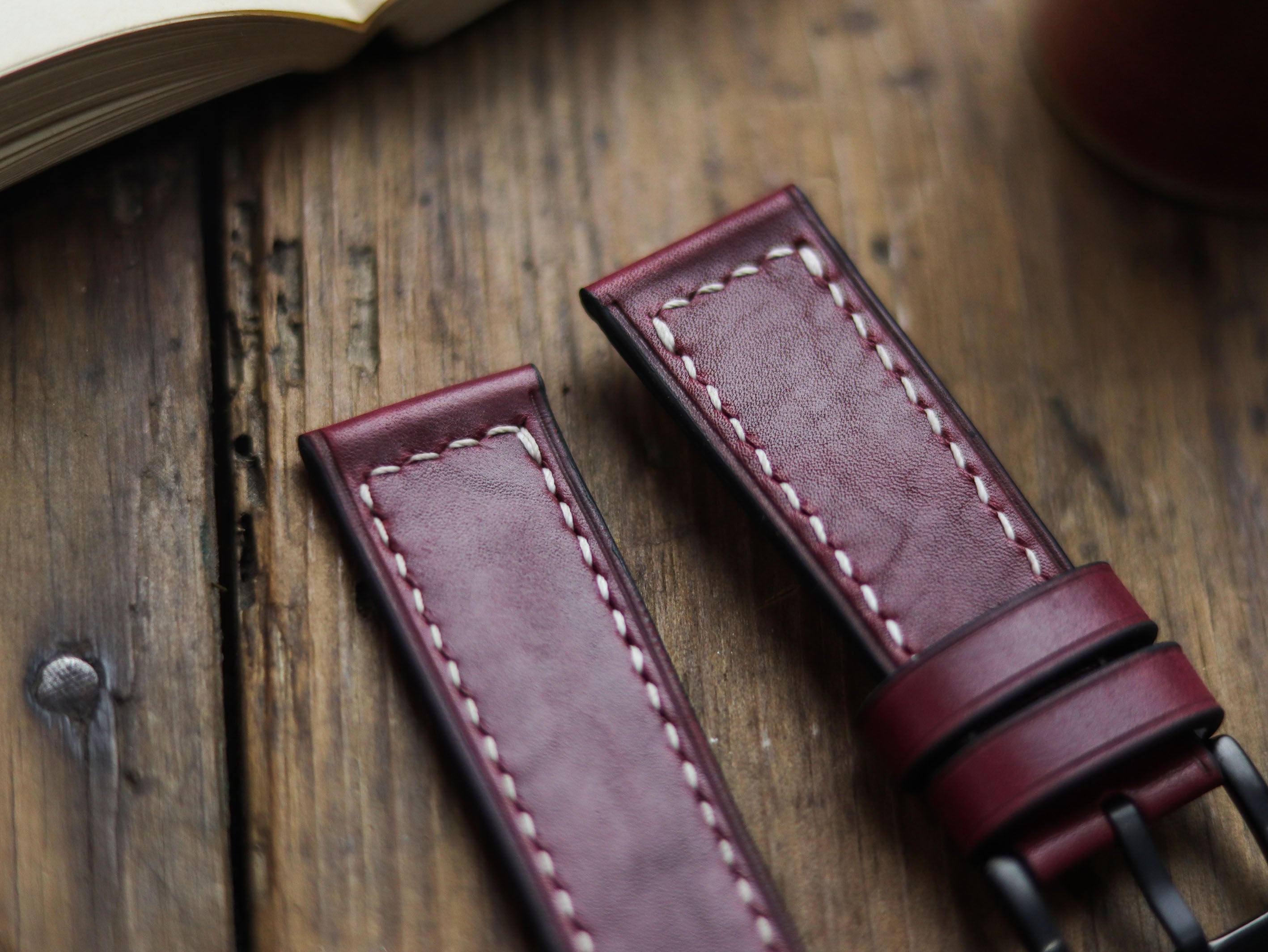 CARMINE BURGUNDY HAND-CRAFTED WATCH STRAPS - BOX STITCHED