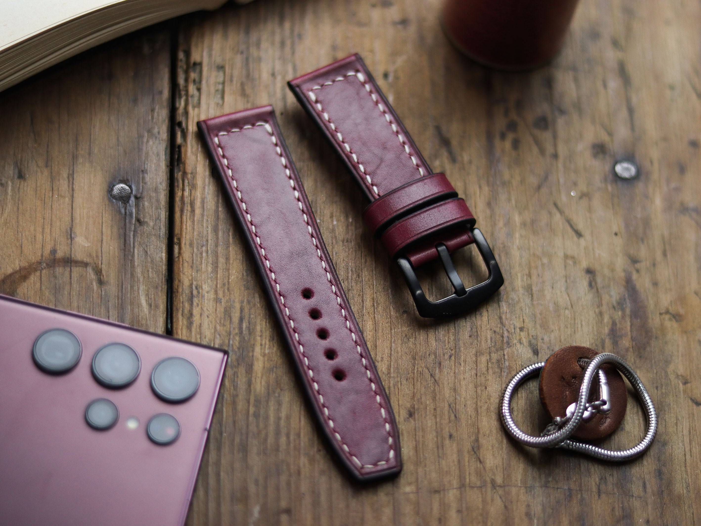 CARMINE BURGUNDY HAND-CRAFTED WATCH STRAPS - BOX STITCHED