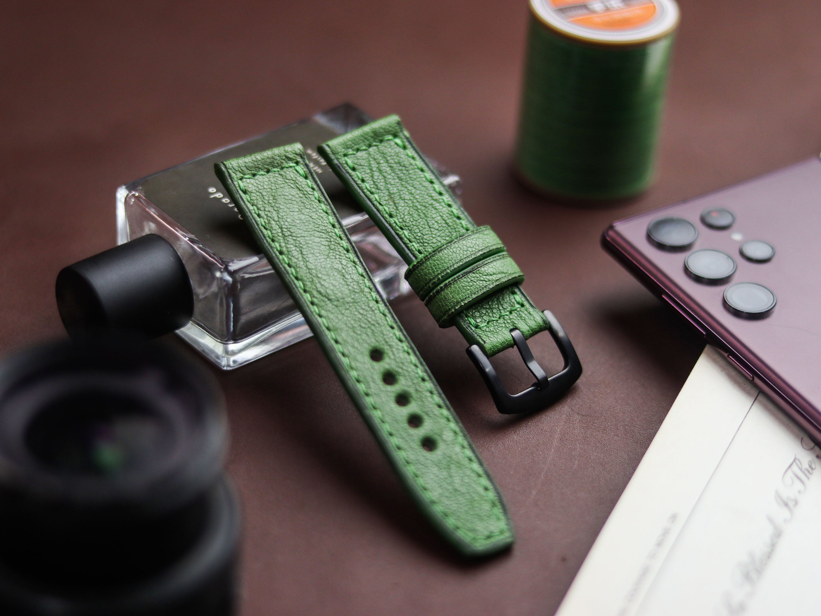 FOREST GREEN HAND-CRAFTED WATCH STRAPS - BOX STITCHED