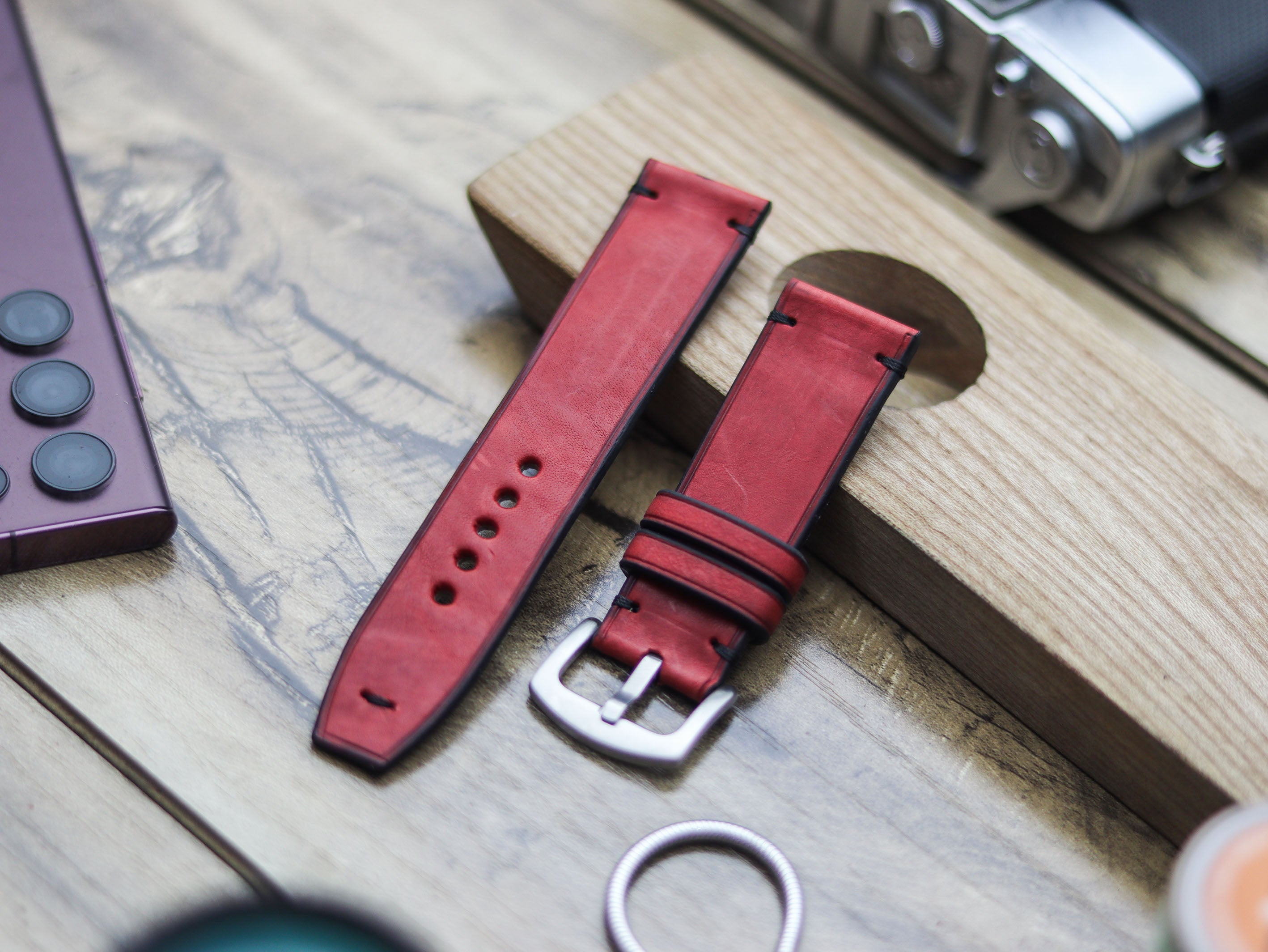 PRISMATIC RED HAND-CRAFTED WATCH STRAPS - MINIMAL STITCHED