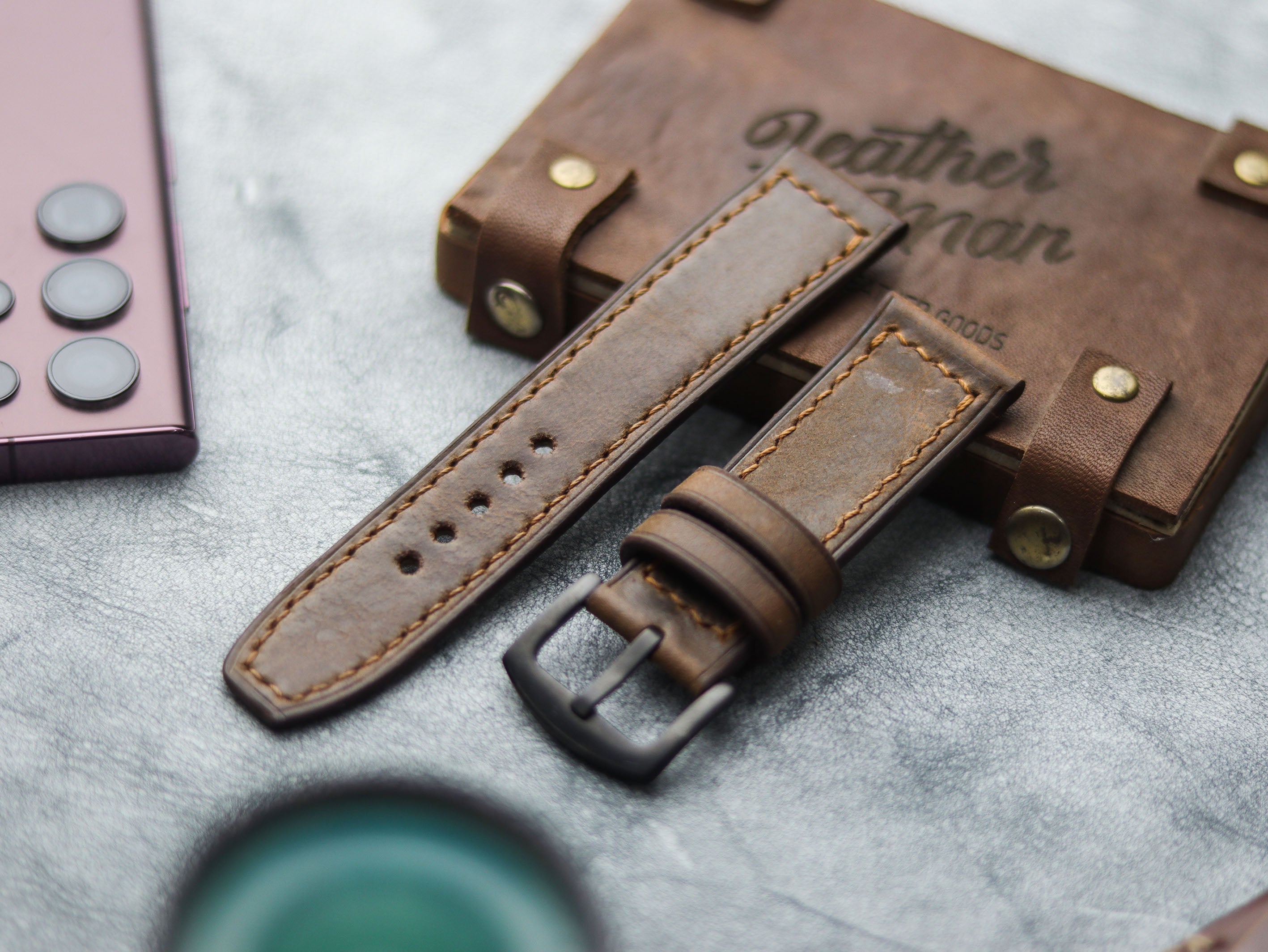 WOOD BROWN HAND-CRAFTED WATCH STRAPS - BOX STITCHED