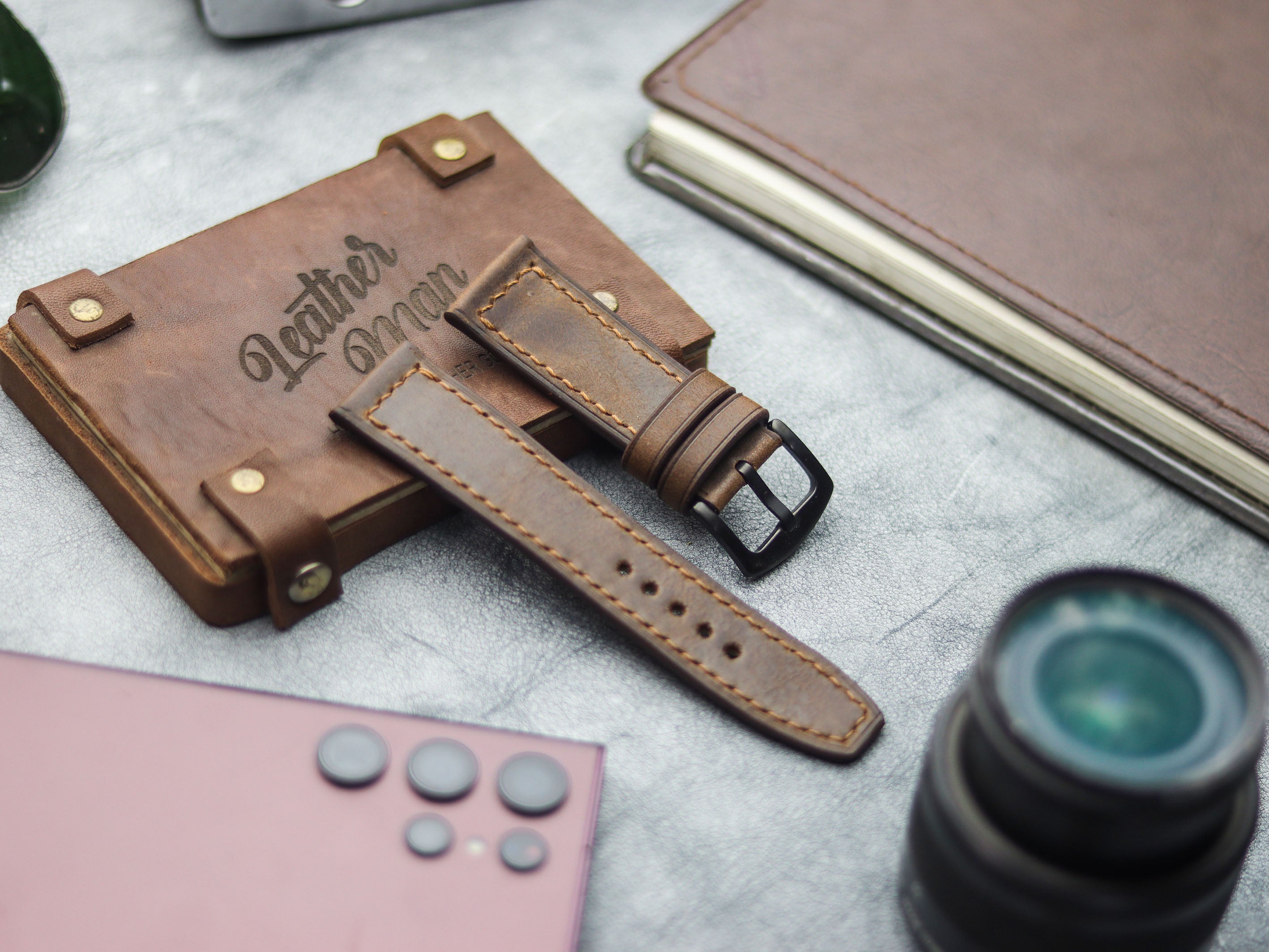 WOOD BROWN HAND-CRAFTED WATCH STRAPS - BOX STITCHED