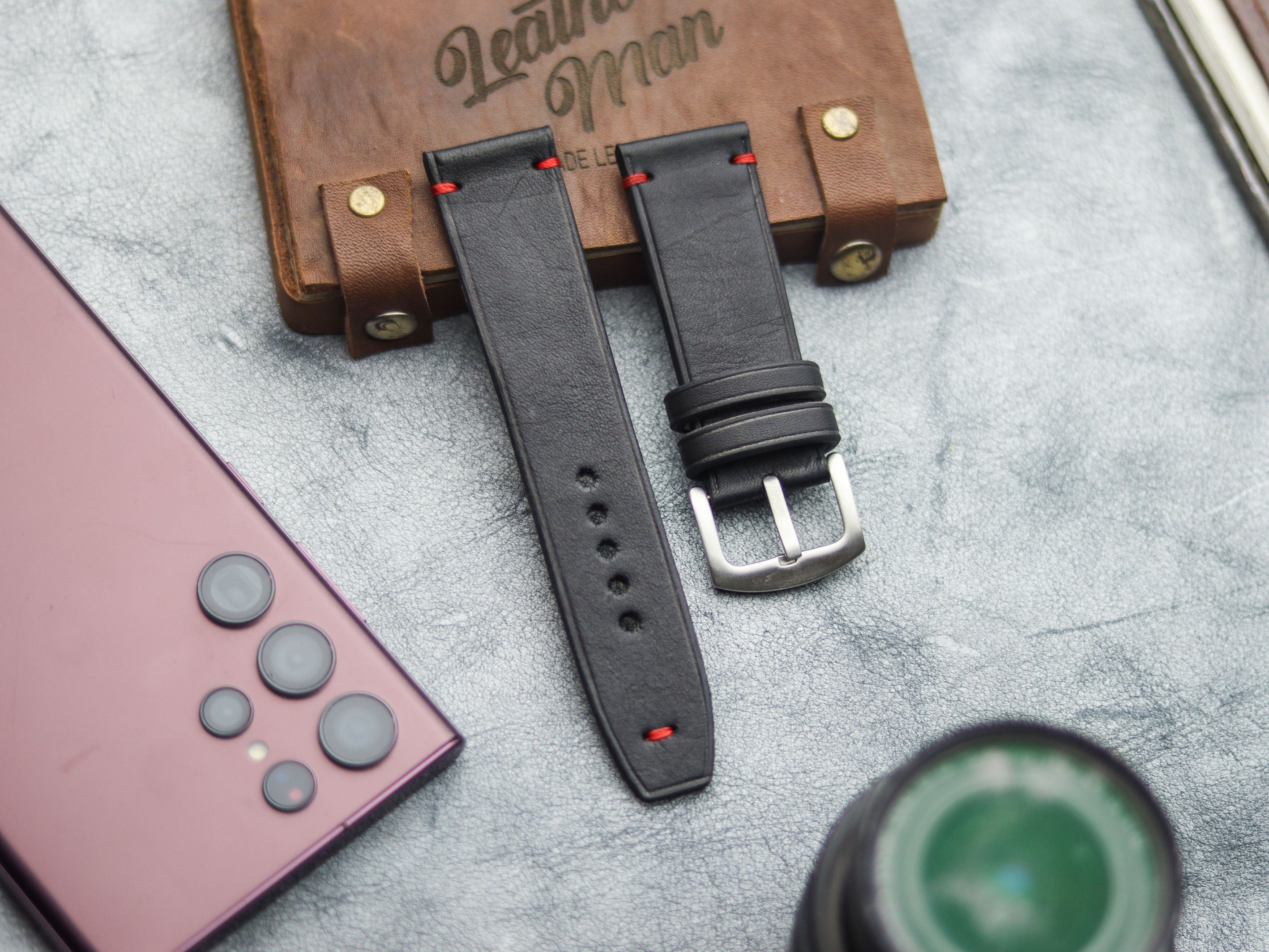 PHANTOM BLACK HAND-CRAFTED WATCH STRAPS - MINIMAL STITCHED