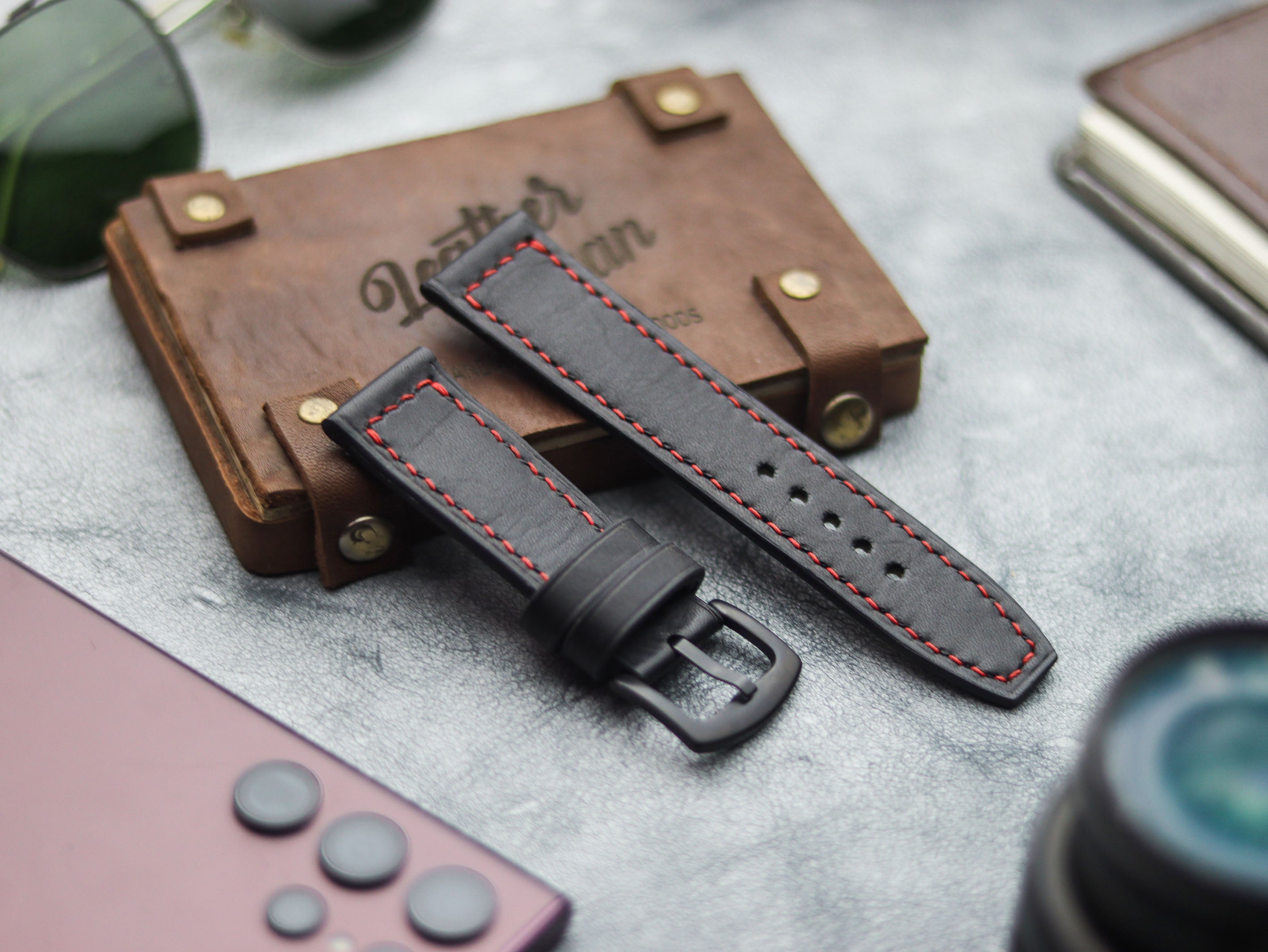 PHANTOM BLACK HAND-CRAFTED WATCH STRAPS - BOX STITCHED
