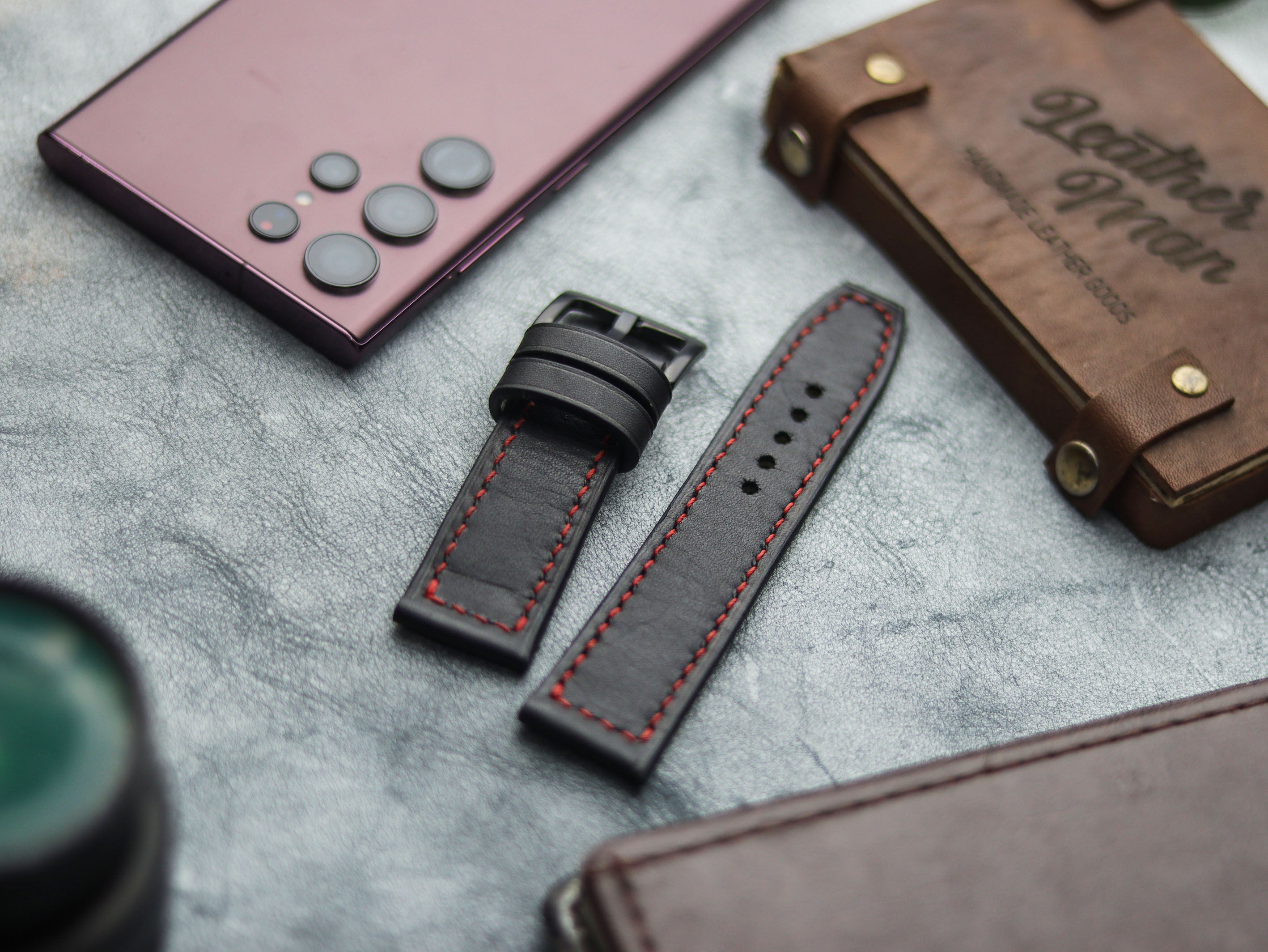 PHANTOM BLACK HAND-CRAFTED WATCH STRAPS - BOX STITCHED