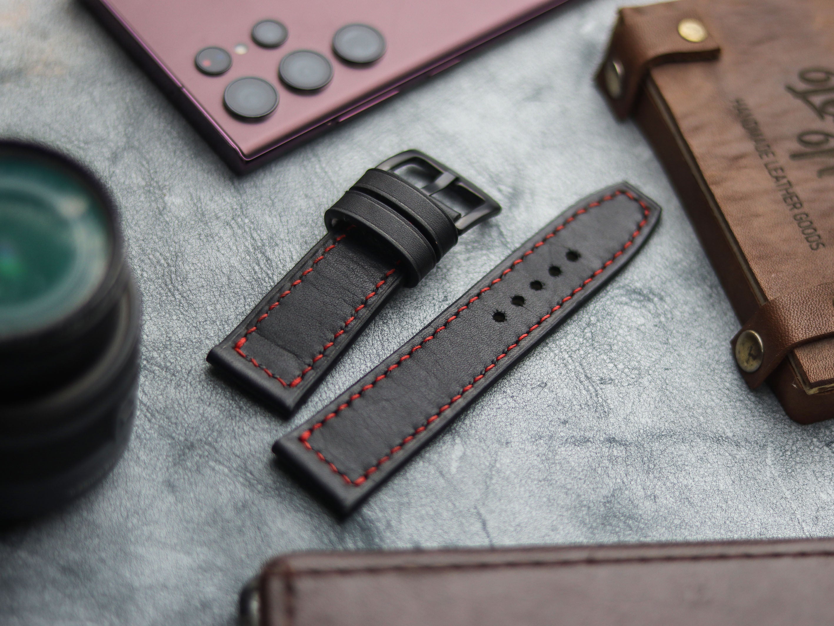 PHANTOM BLACK HAND-CRAFTED WATCH STRAPS - BOX STITCHED