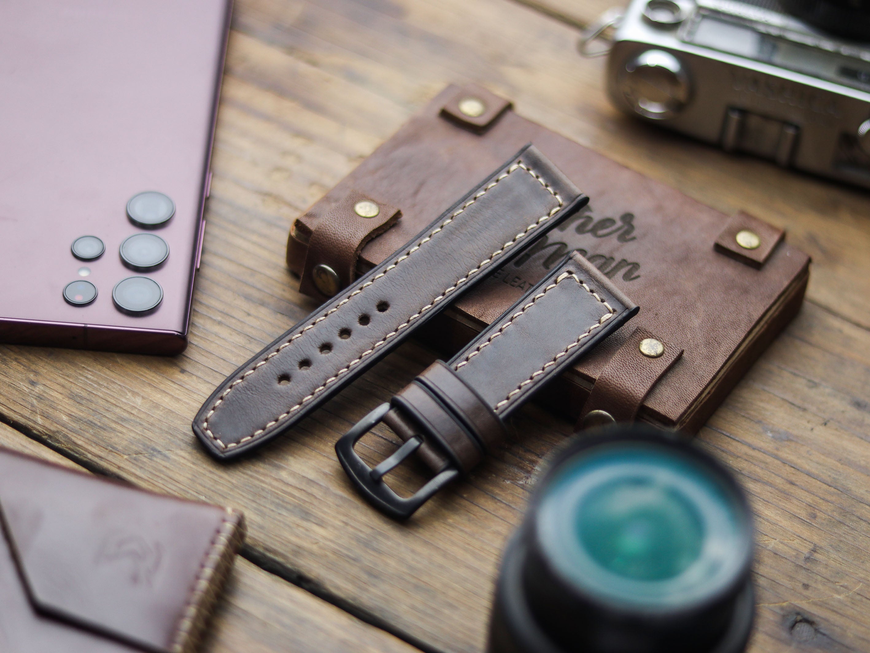 WALNUT BROWN HAND-CRAFTED WATCH STRAPS - BOX STITCHED