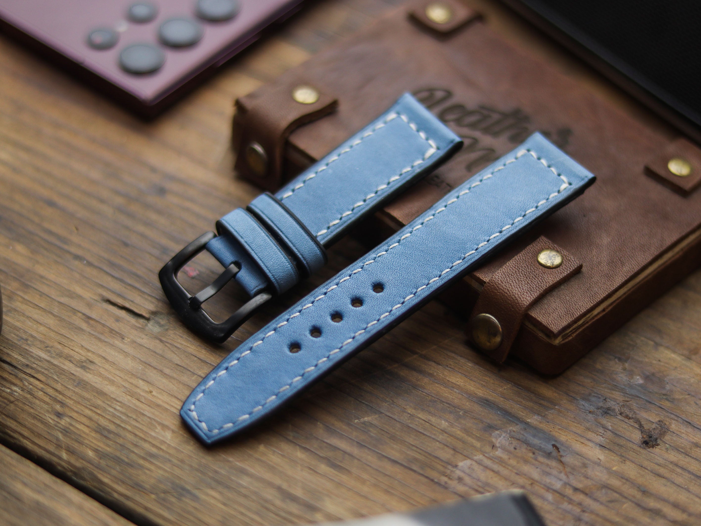 CAROLINE BLUE HAND-CRAFTED WATCH STRAPS - BOX STITCHED