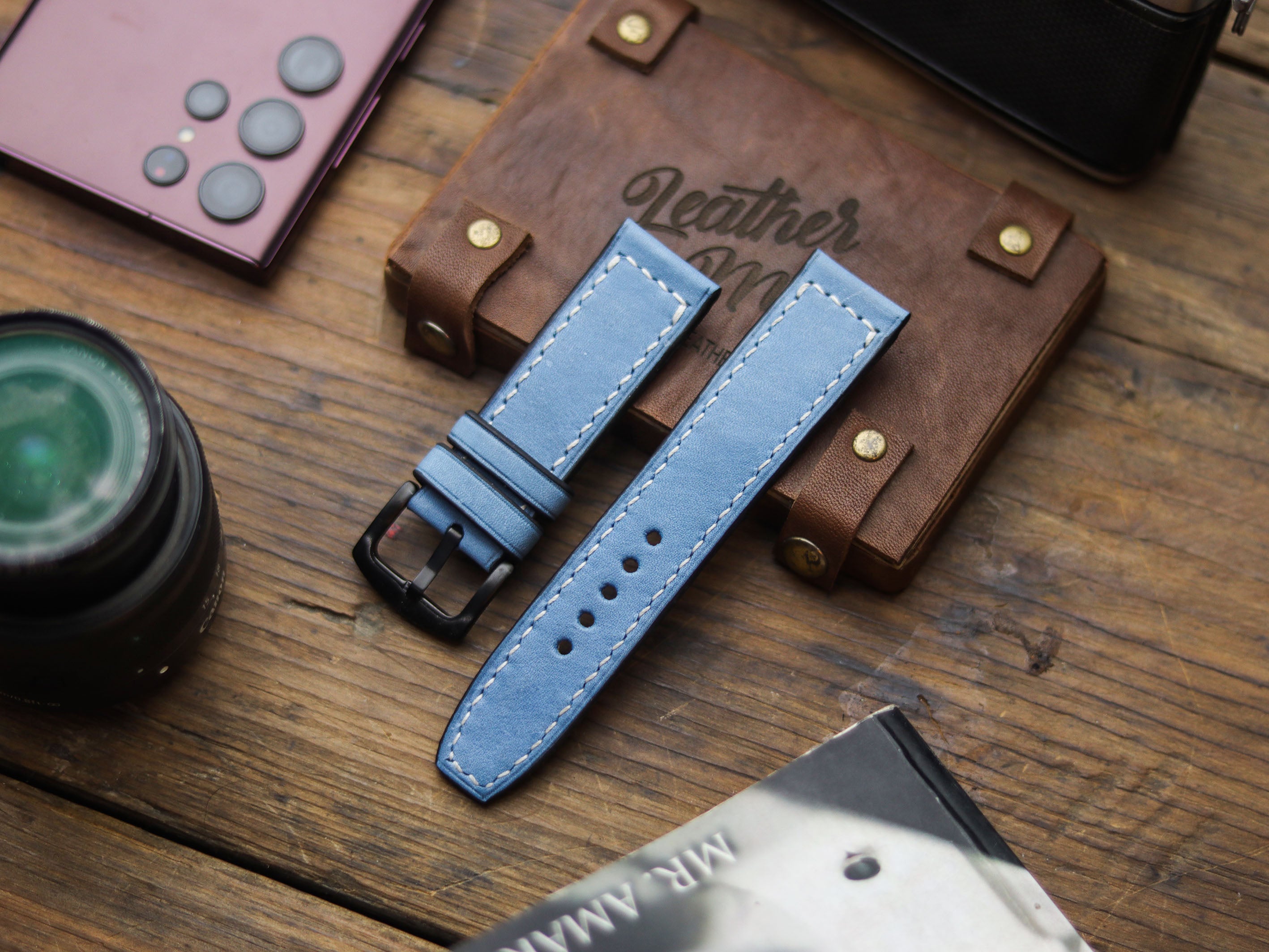 CAROLINE BLUE HAND-CRAFTED WATCH STRAPS - BOX STITCHED