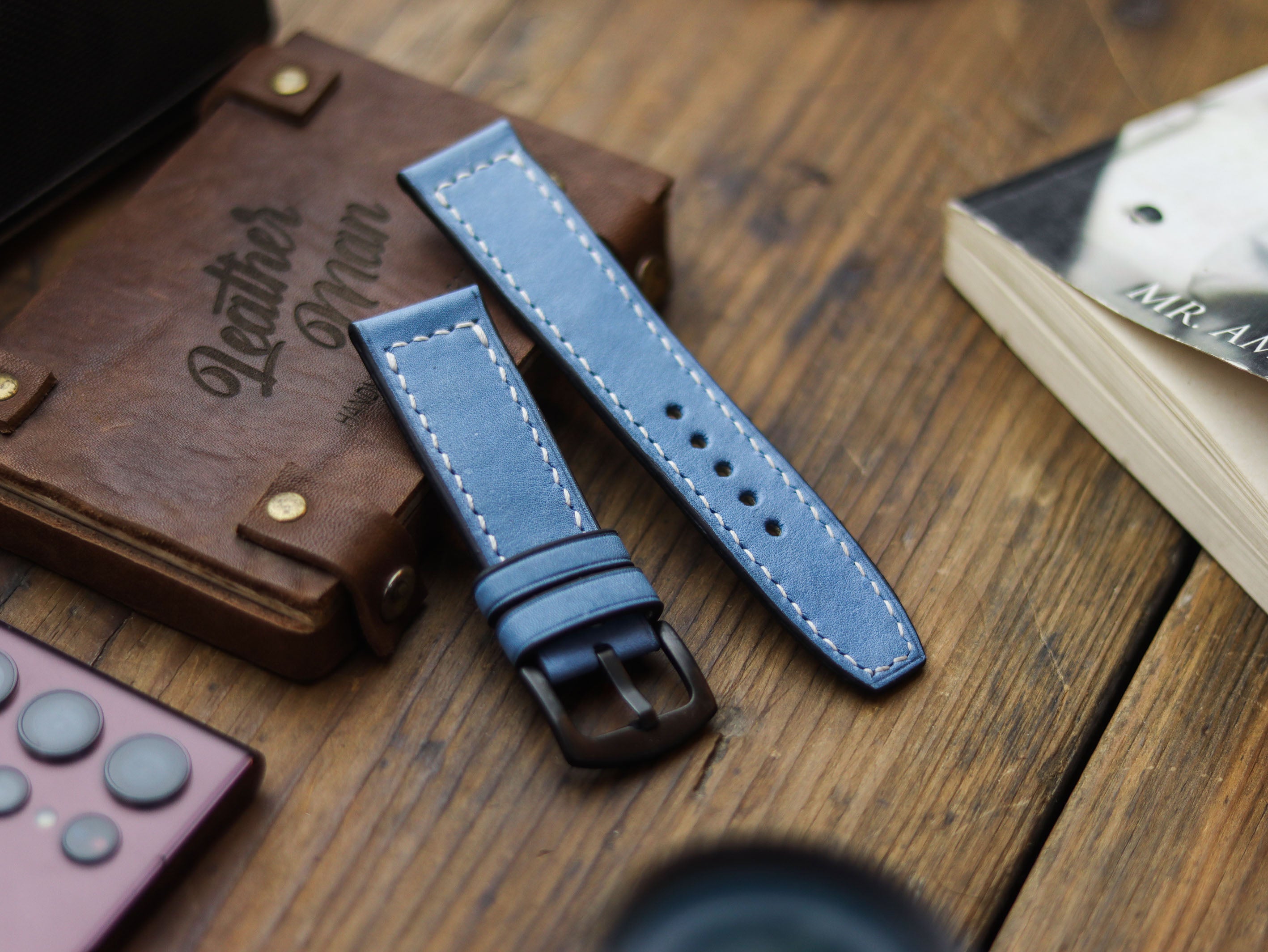 CAROLINE BLUE HAND-CRAFTED WATCH STRAPS - BOX STITCHED