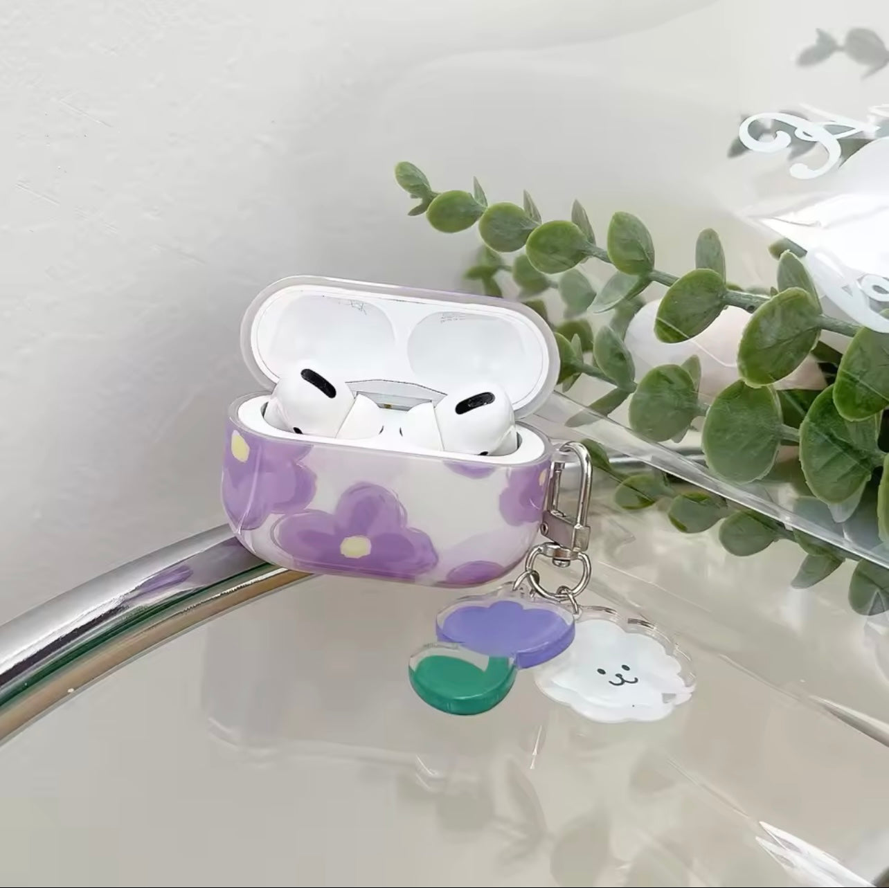 Purple Flower Airpods with Keychain. grip