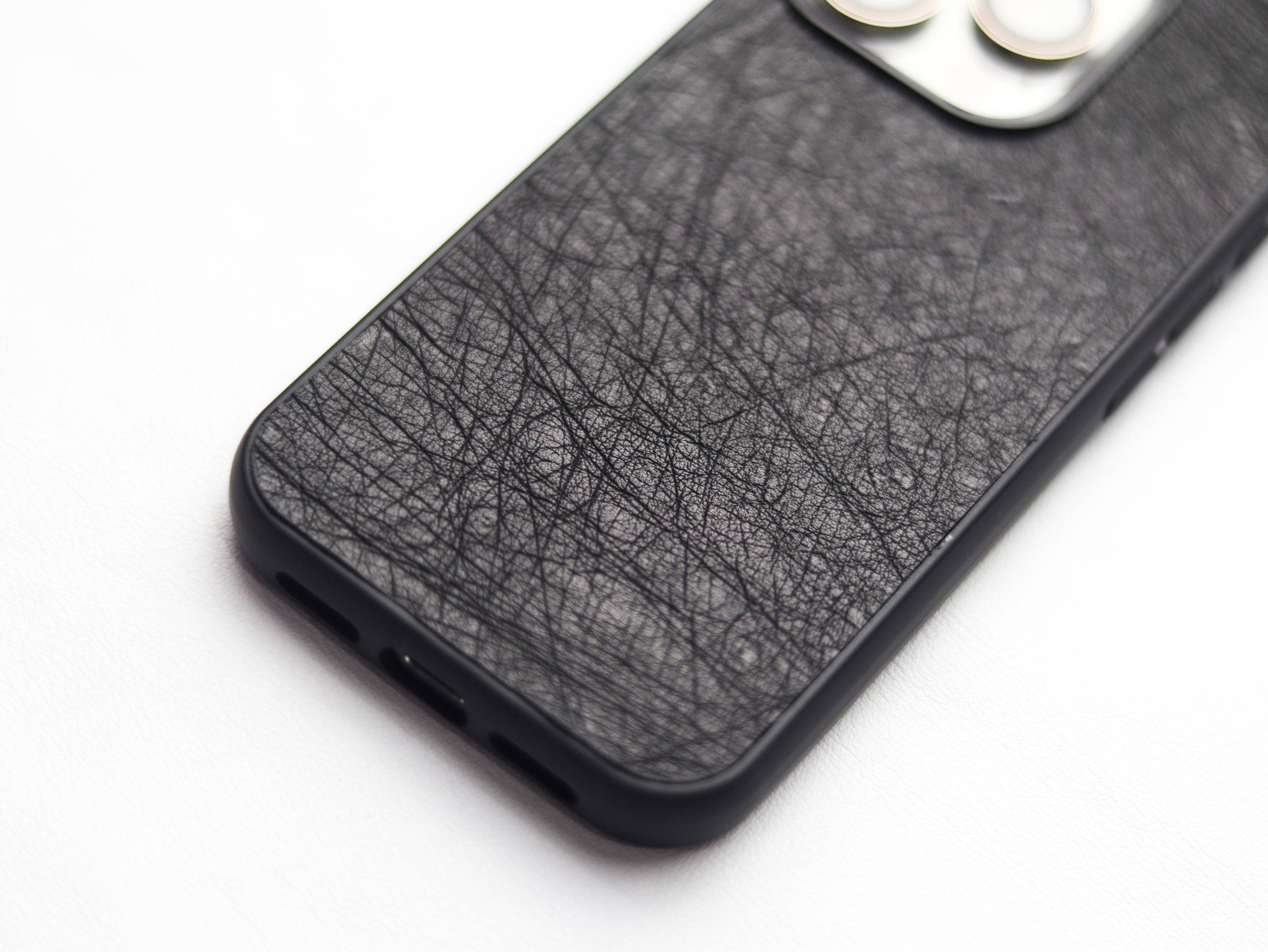 RAVEN BLACK OSTRICH SKIN PHONE CASE (NON-FOLLICLE)