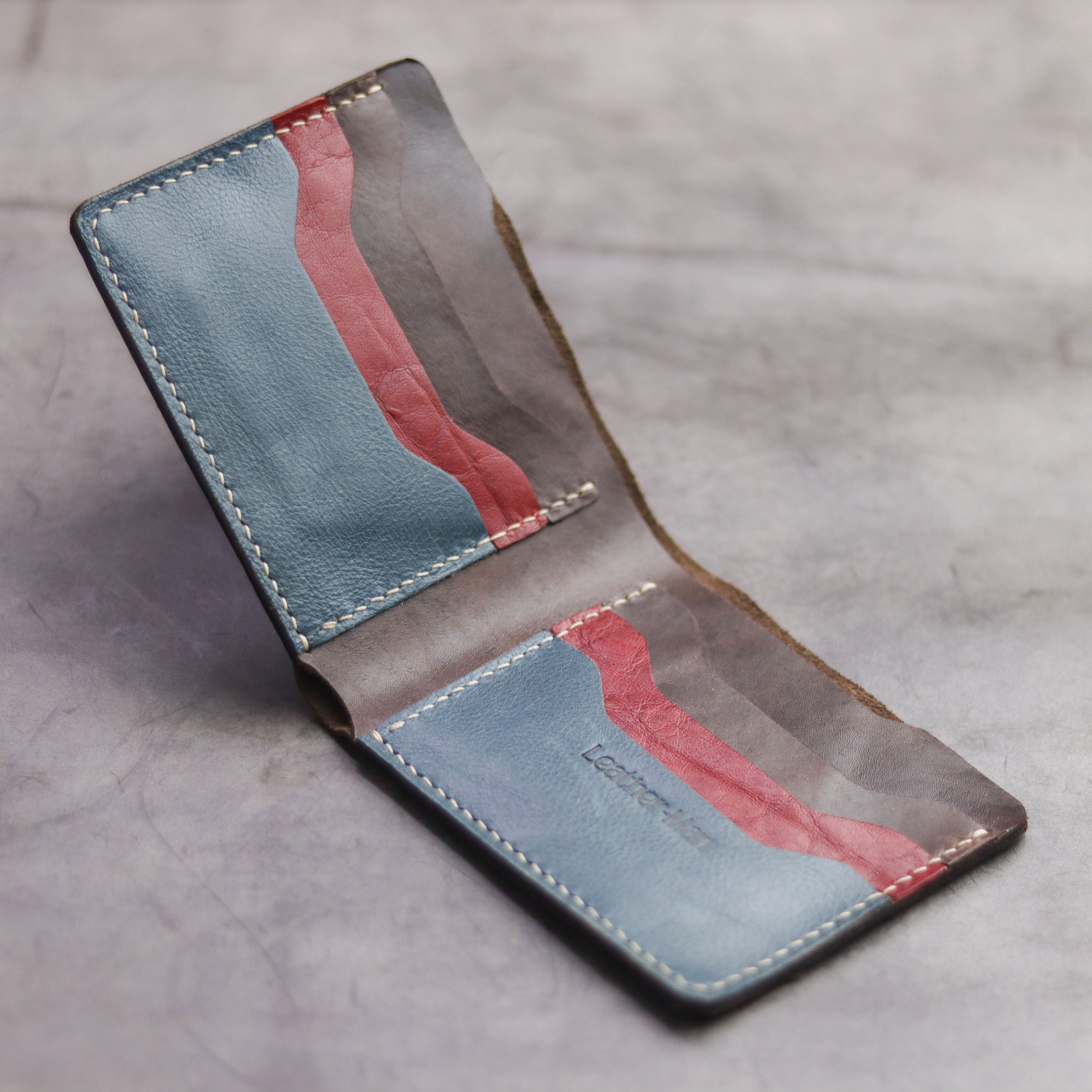 "MAXIMUS" BI-FOLD WALLET - WALNUT BROWN, RED & DEEP BLUE