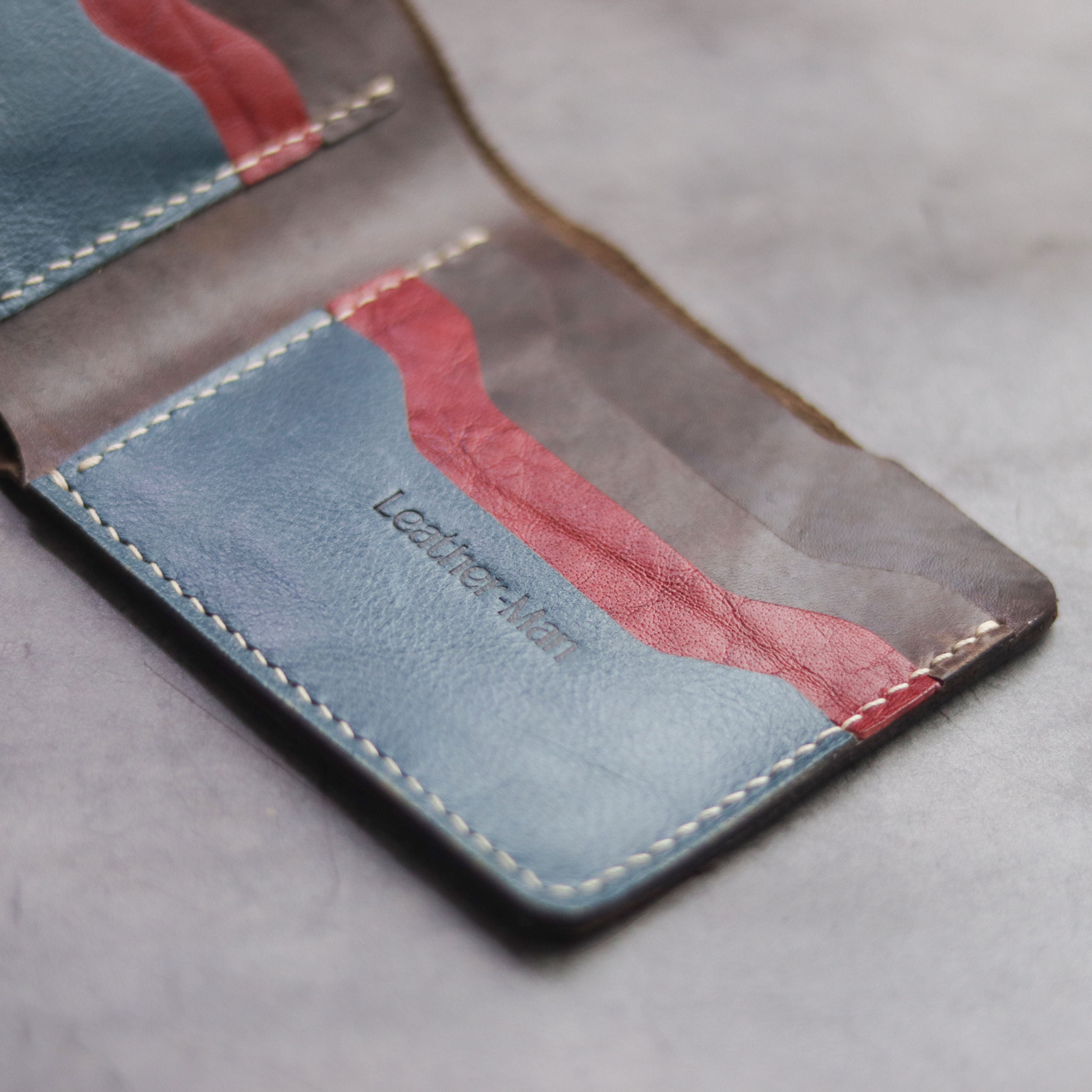 "MAXIMUS" BI-FOLD WALLET - WALNUT BROWN, RED & DEEP BLUE