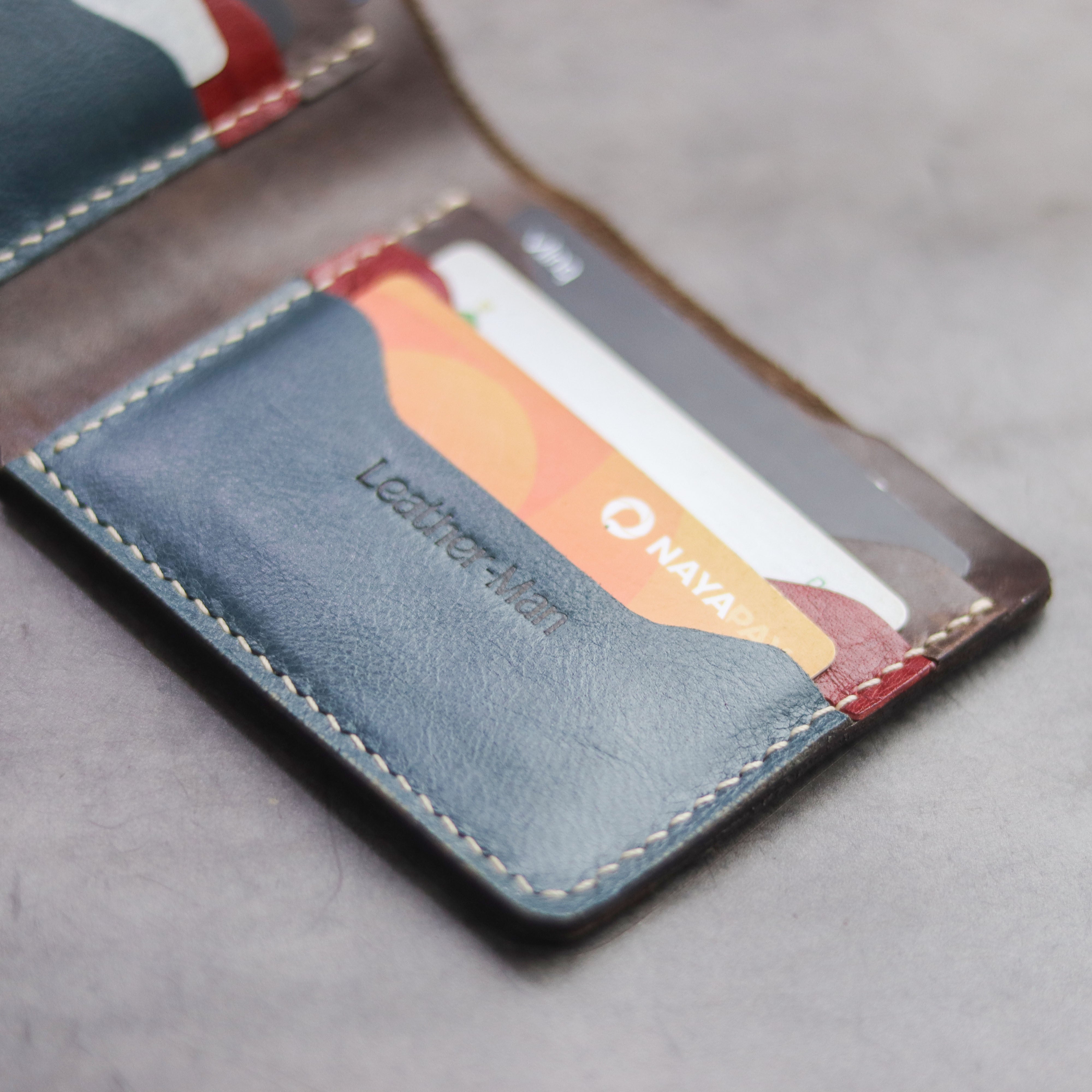 "MAXIMUS" BI-FOLD WALLET - WALNUT BROWN, RED & DEEP BLUE