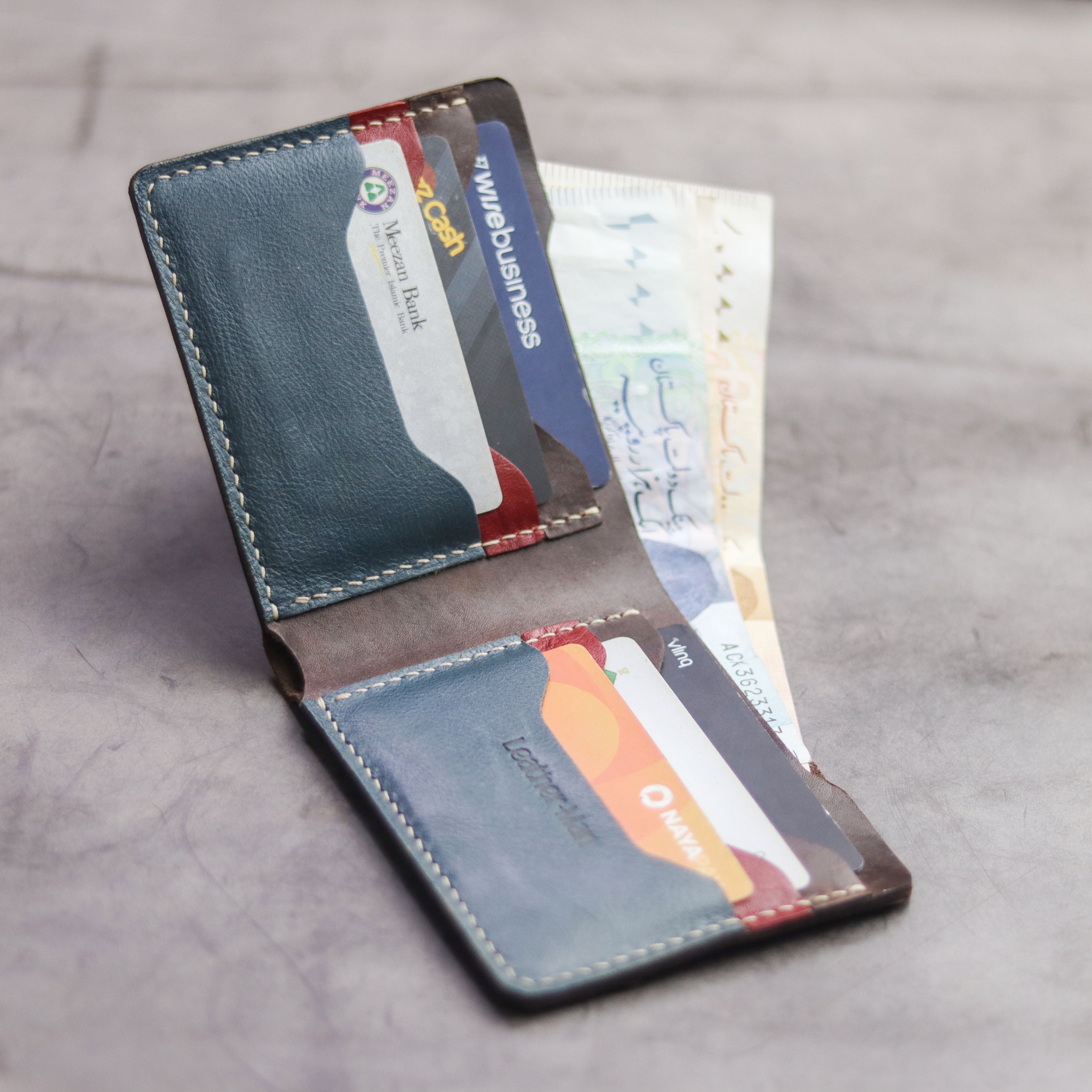 "MAXIMUS" BI-FOLD WALLET - WALNUT BROWN, RED & DEEP BLUE