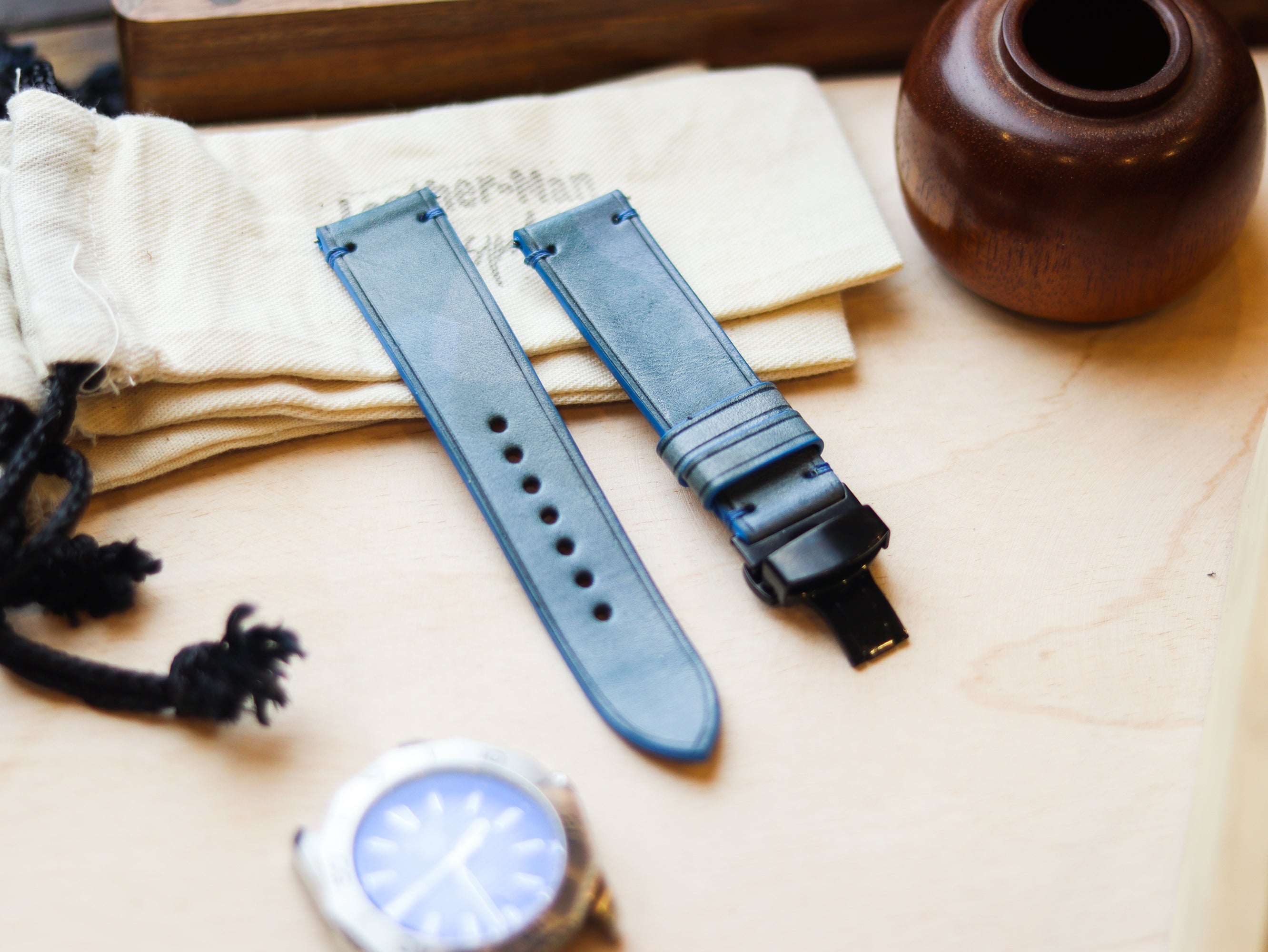 ITALIAN WAXED CAMOUFLAGE HAND-CRAFTED STRAPS MINIMAL STITCHED - ARCTIC BLUE