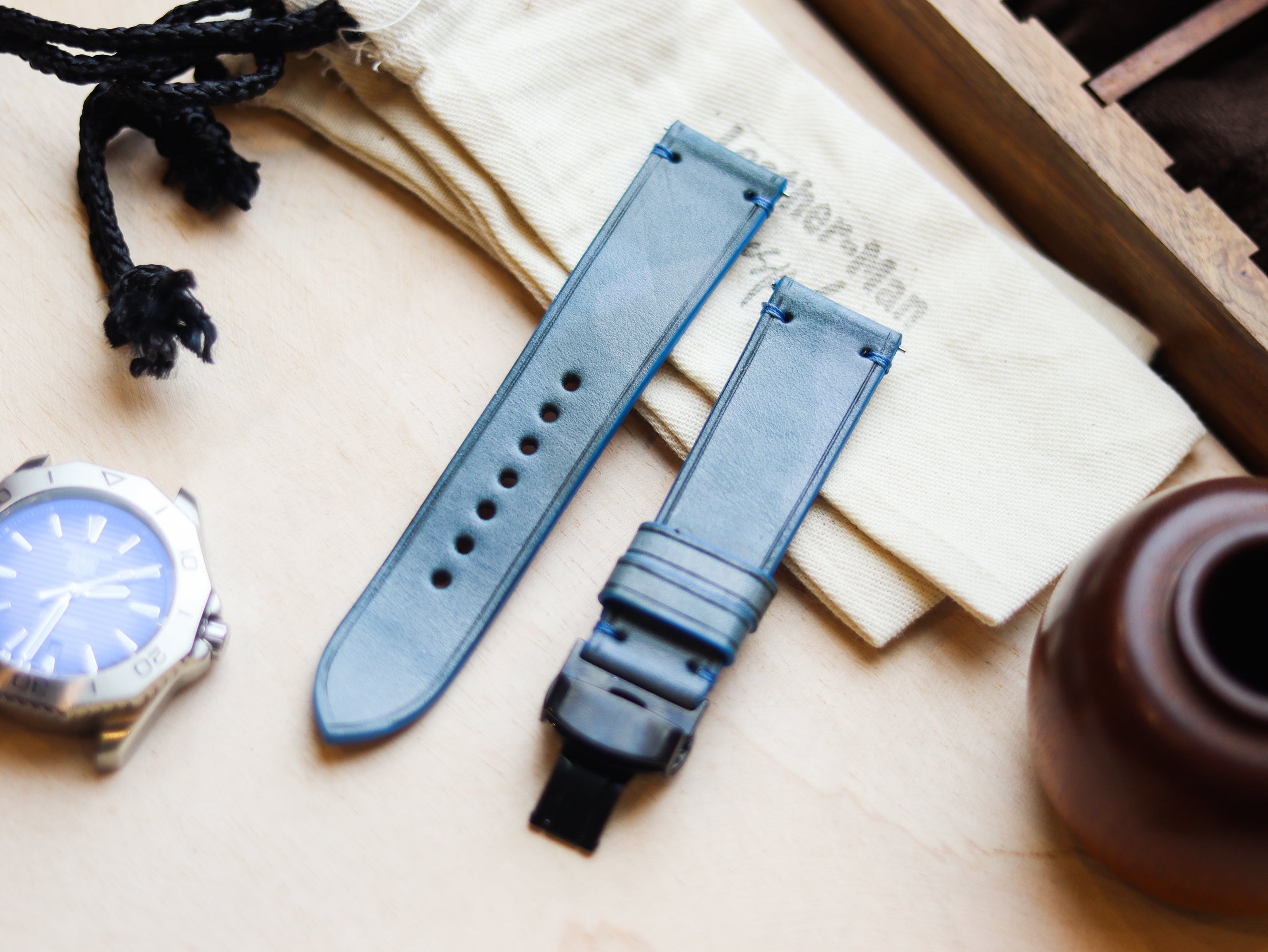 ITALIAN WAXED CAMOUFLAGE HAND-CRAFTED STRAPS MINIMAL STITCHED - ARCTIC BLUE