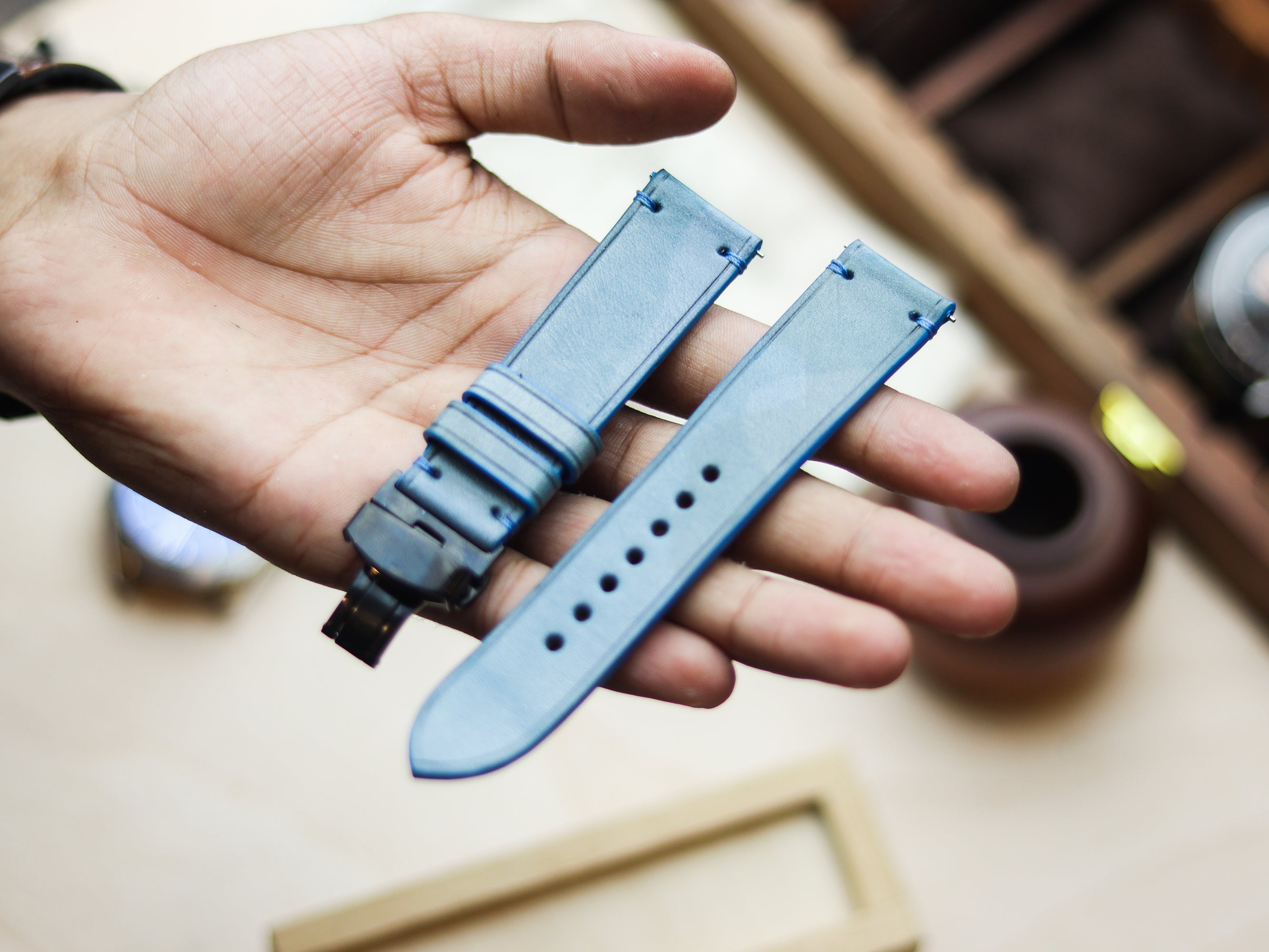 ITALIAN WAXED CAMOUFLAGE HAND-CRAFTED STRAPS MINIMAL STITCHED - ARCTIC BLUE