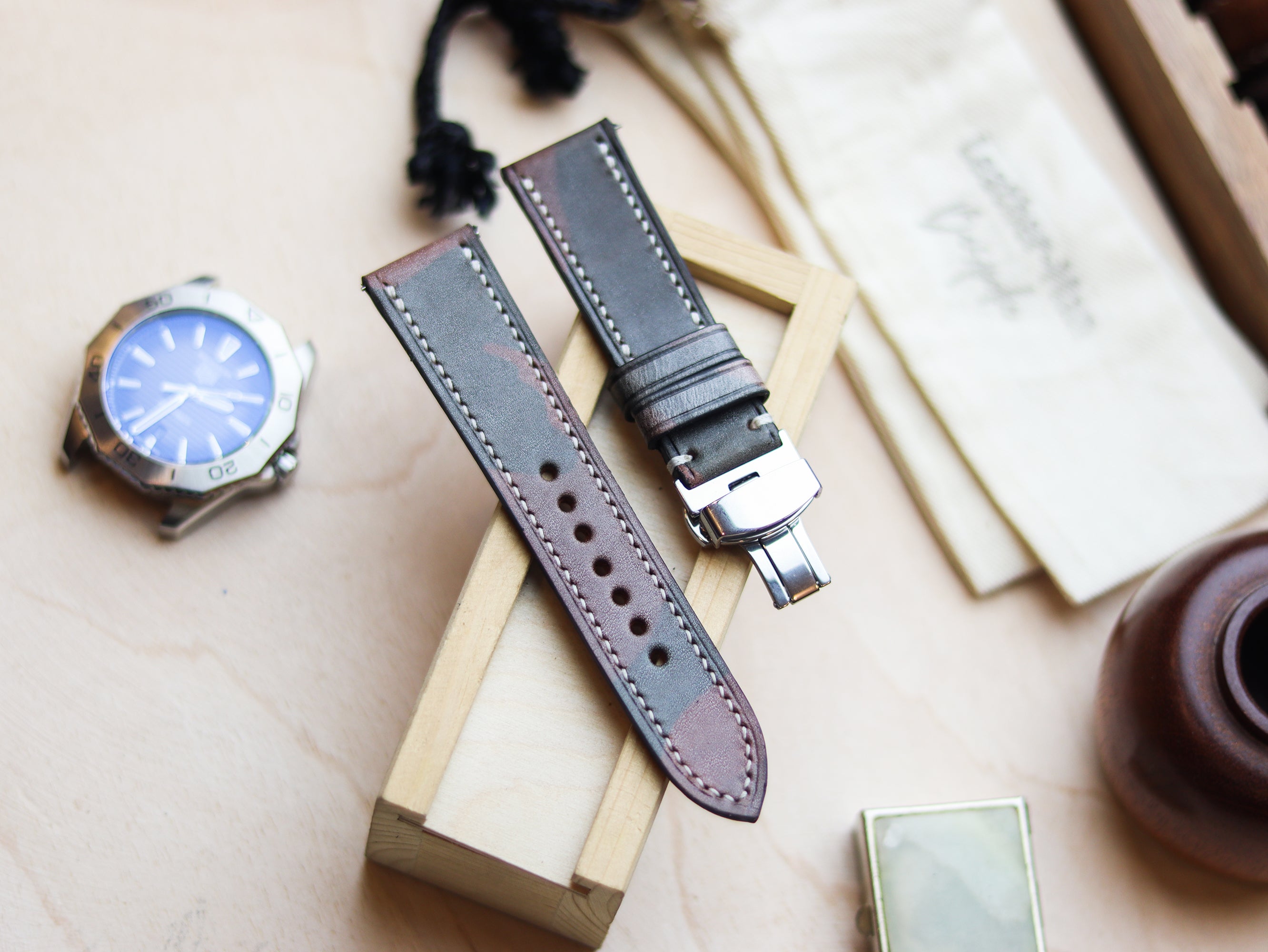 ITALIAN WAXED CAMOUFLAGE HAND-CRAFTED STRAPS FULL STITCHED - COFFEE BROWN