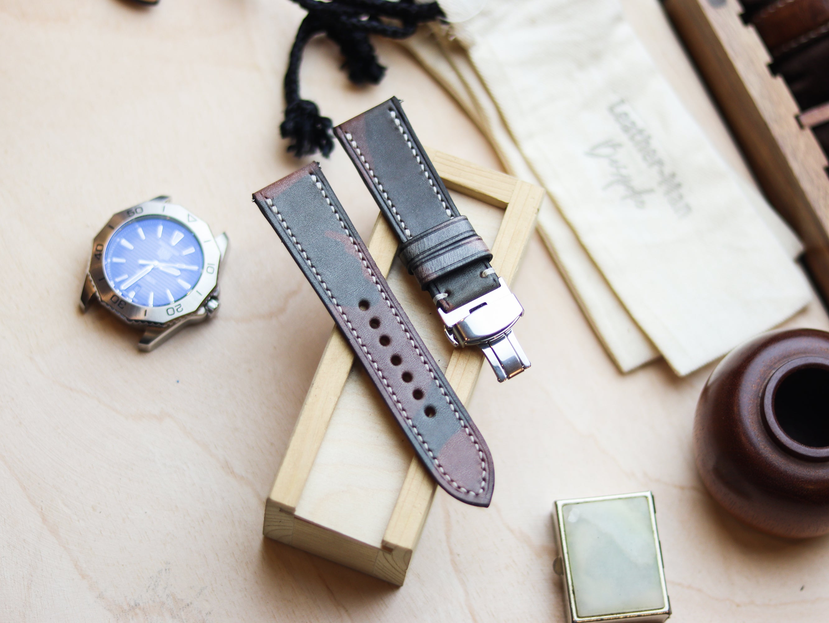 ITALIAN WAXED CAMOUFLAGE HAND-CRAFTED STRAPS FULL STITCHED - COFFEE BROWN
