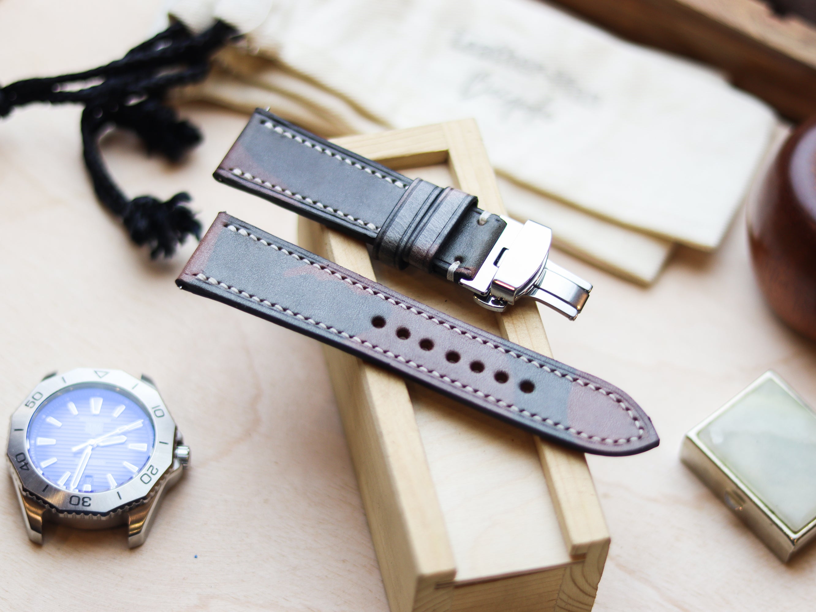 ITALIAN WAXED CAMOUFLAGE HAND-CRAFTED STRAPS FULL STITCHED - COFFEE BROWN