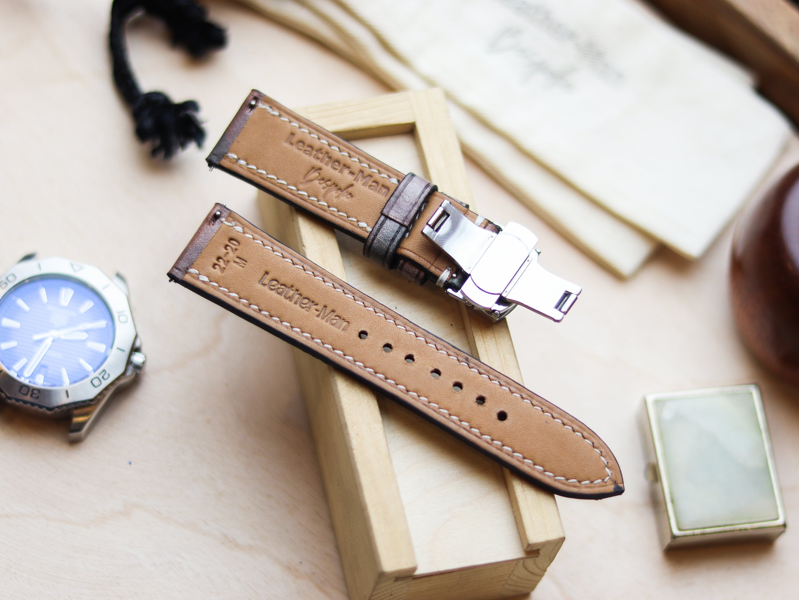 ITALIAN WAXED CAMOUFLAGE HAND-CRAFTED STRAPS FULL STITCHED - COFFEE BROWN